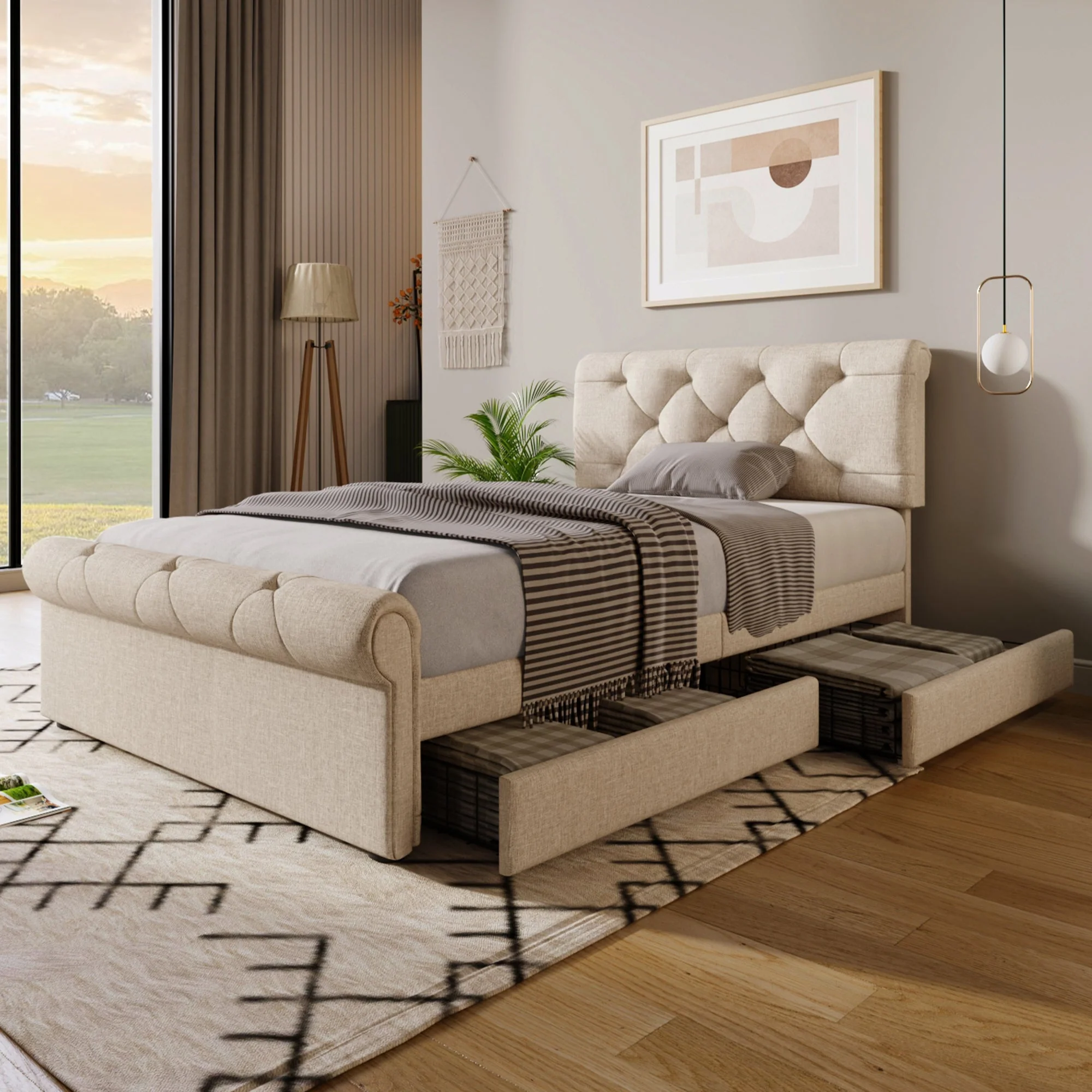 Single Upholstered Bed, 90x200cm, 2 Drawers, Adjustable Headboard, Chesterfield, Natural - Image 9