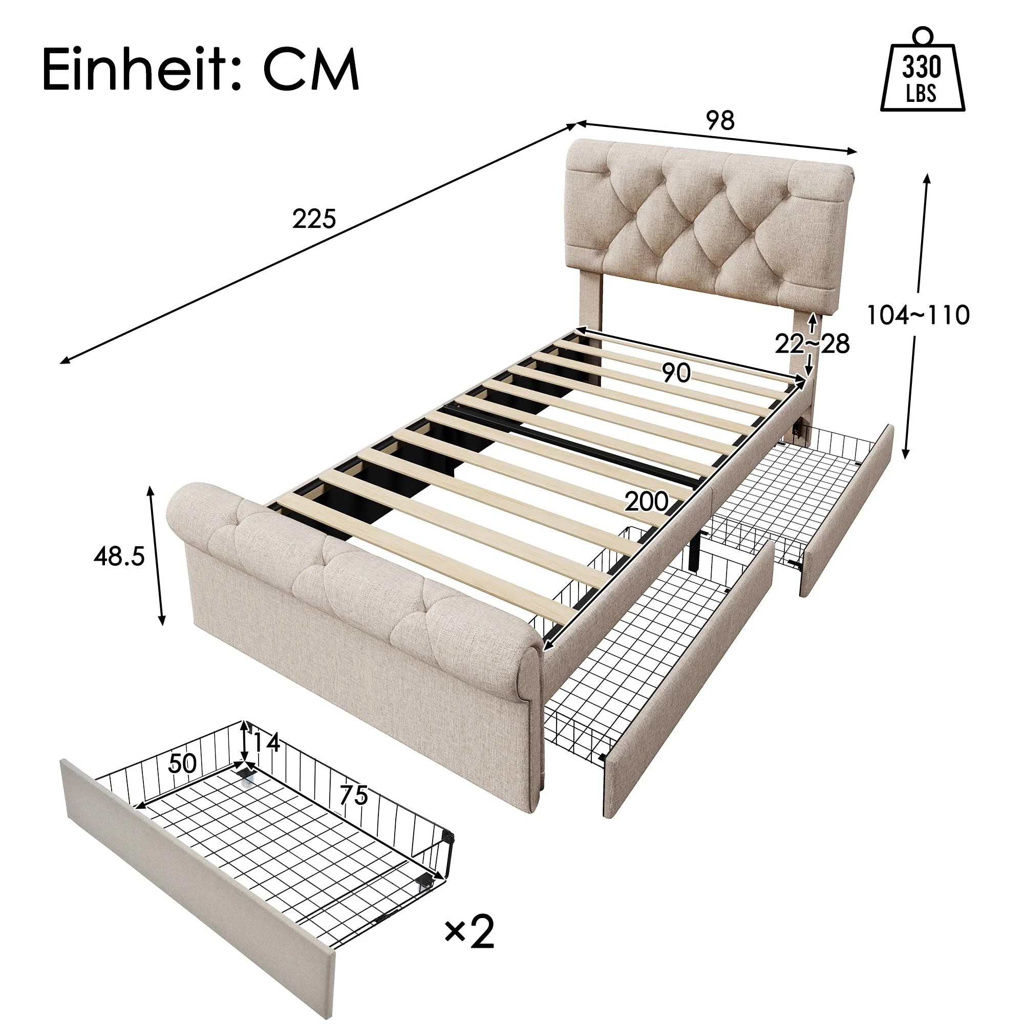 Single Upholstered Bed, 90x200cm with 2 Drawers, Adjustable Headboard, Natural - Image 2