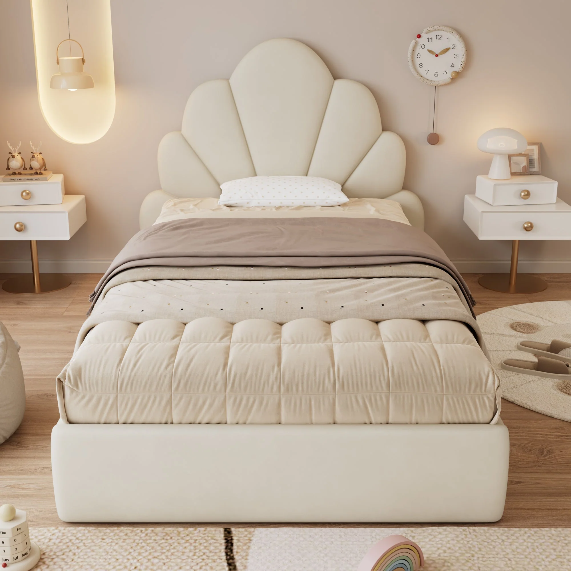 Single Upholstered Bed Curved Petal Headboard 90x200cm, Beige Velvet - Image 2