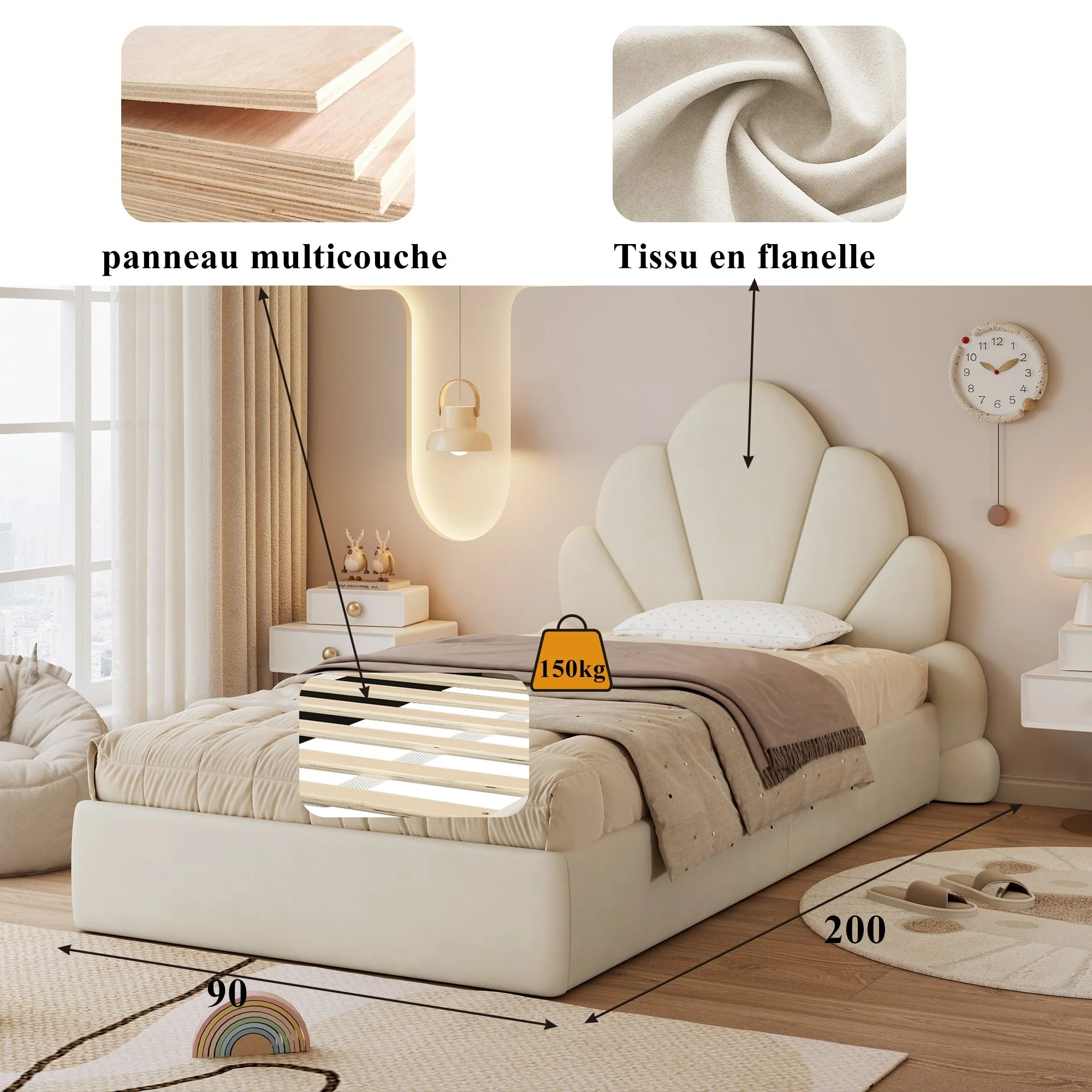Single Upholstered Bed Curved Petal Headboard 90x200cm, Beige Velvet - Image 8