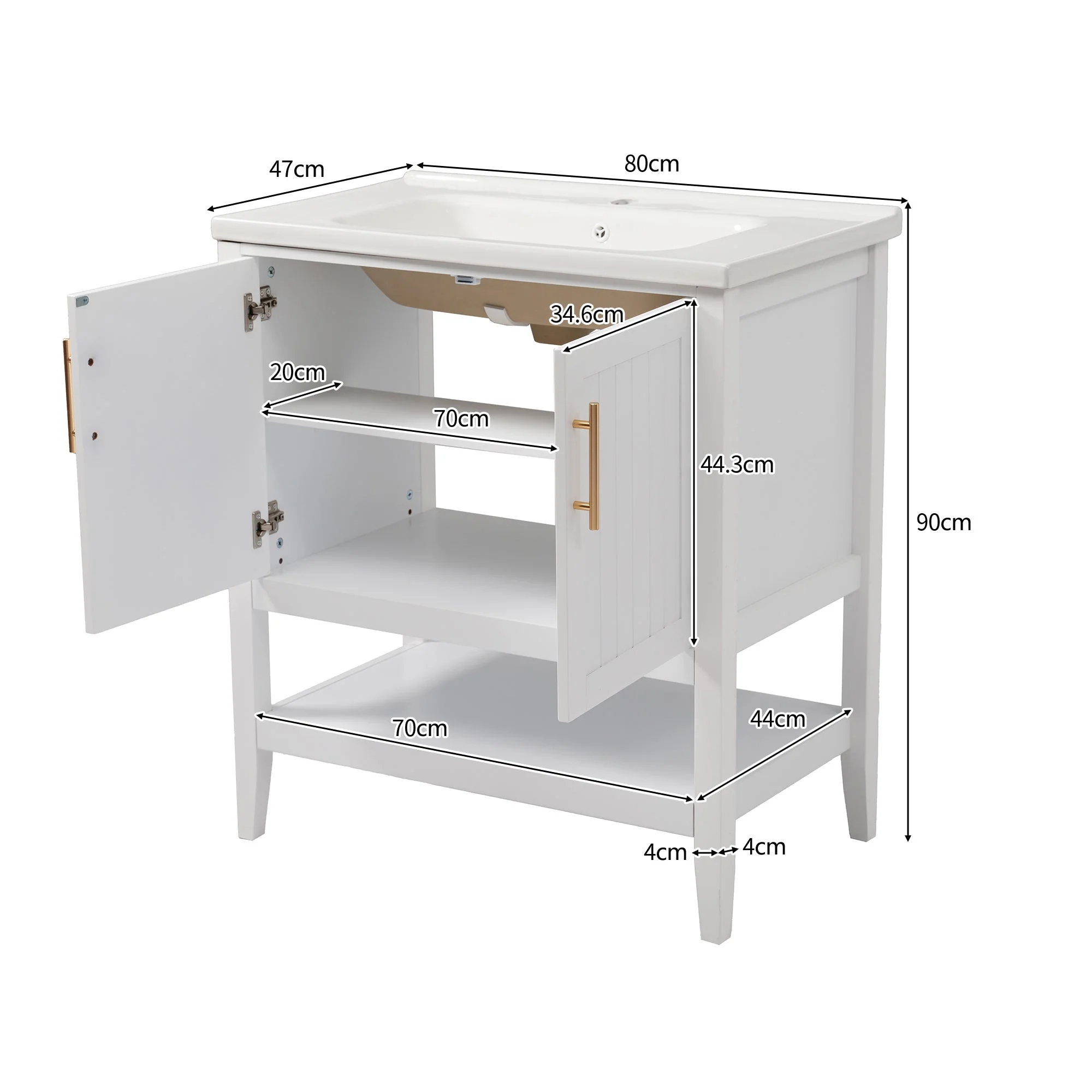 Single Vanity Unit 80cm Ceramic Washbasin - White - Image 2