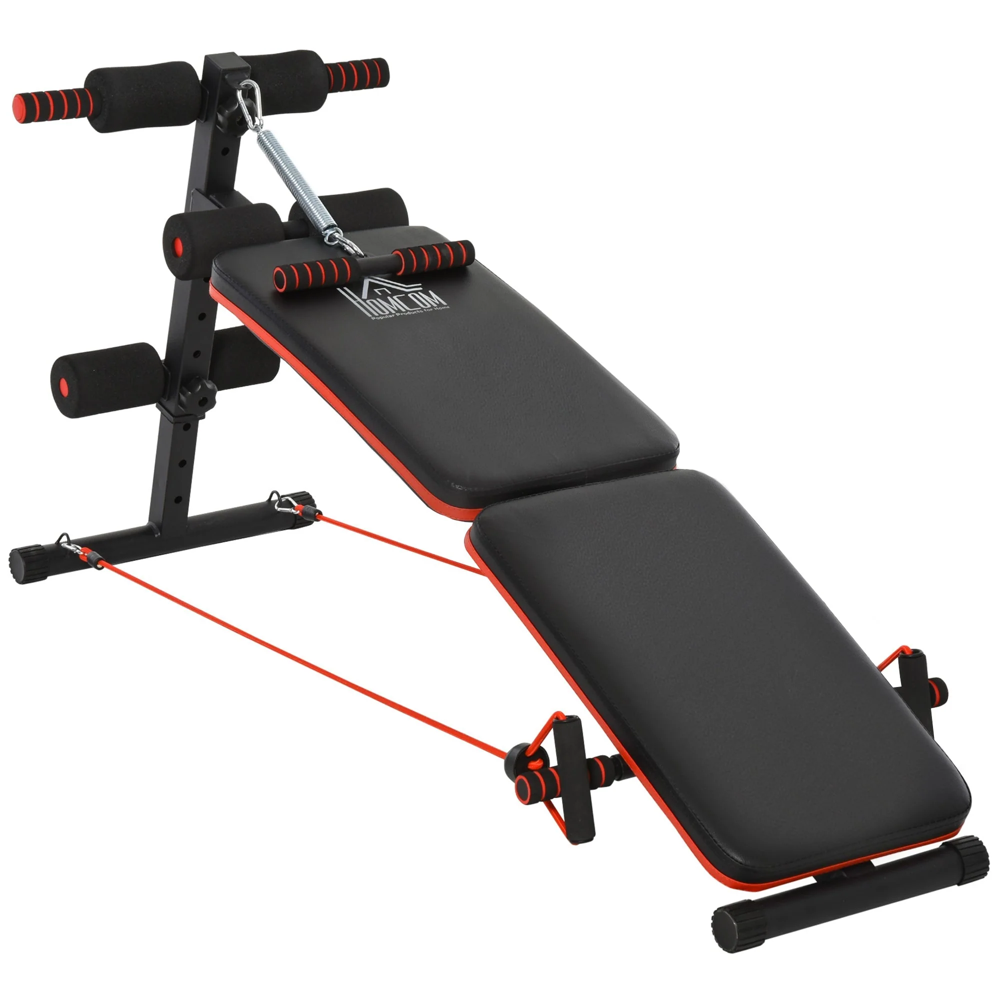 Sit-Up Bench, Adjustable & Foldable, Training Ropes, Steel Black Red - Image 2