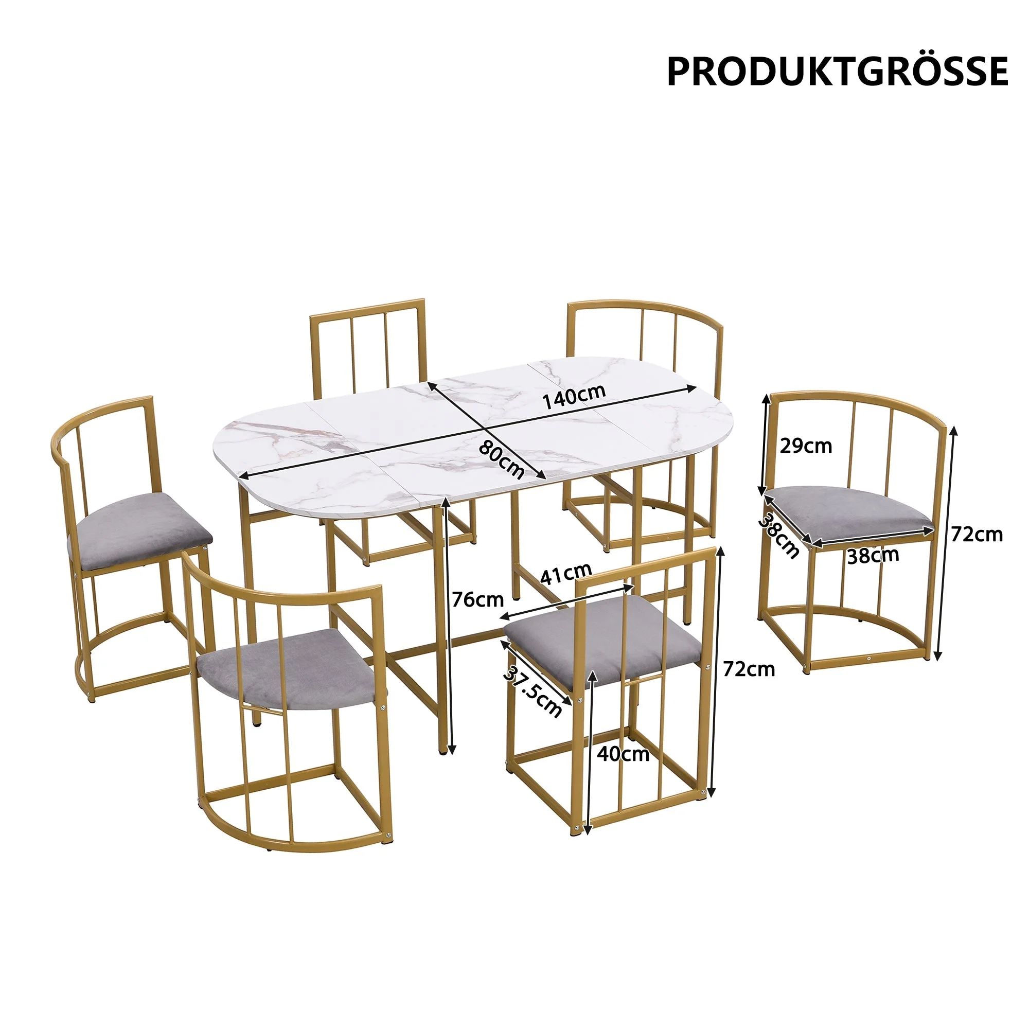 Six-Chair Dining Table Set, Modern Combination, White & Gold-Colored Iron - Image 8