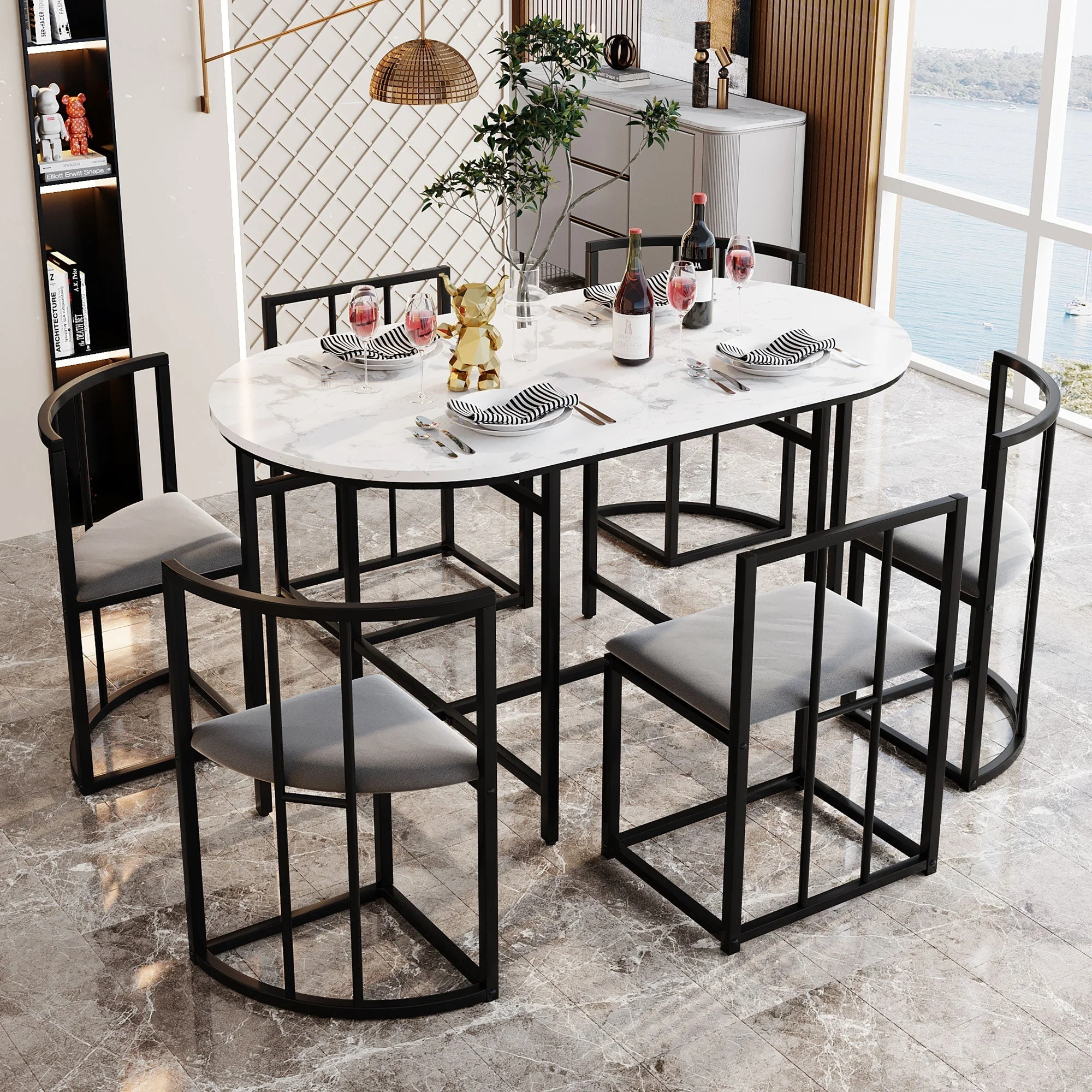 Six-Chair Dining Table Set - White Tabletop, Grey Cushions - Black Iron Frame - Image 2