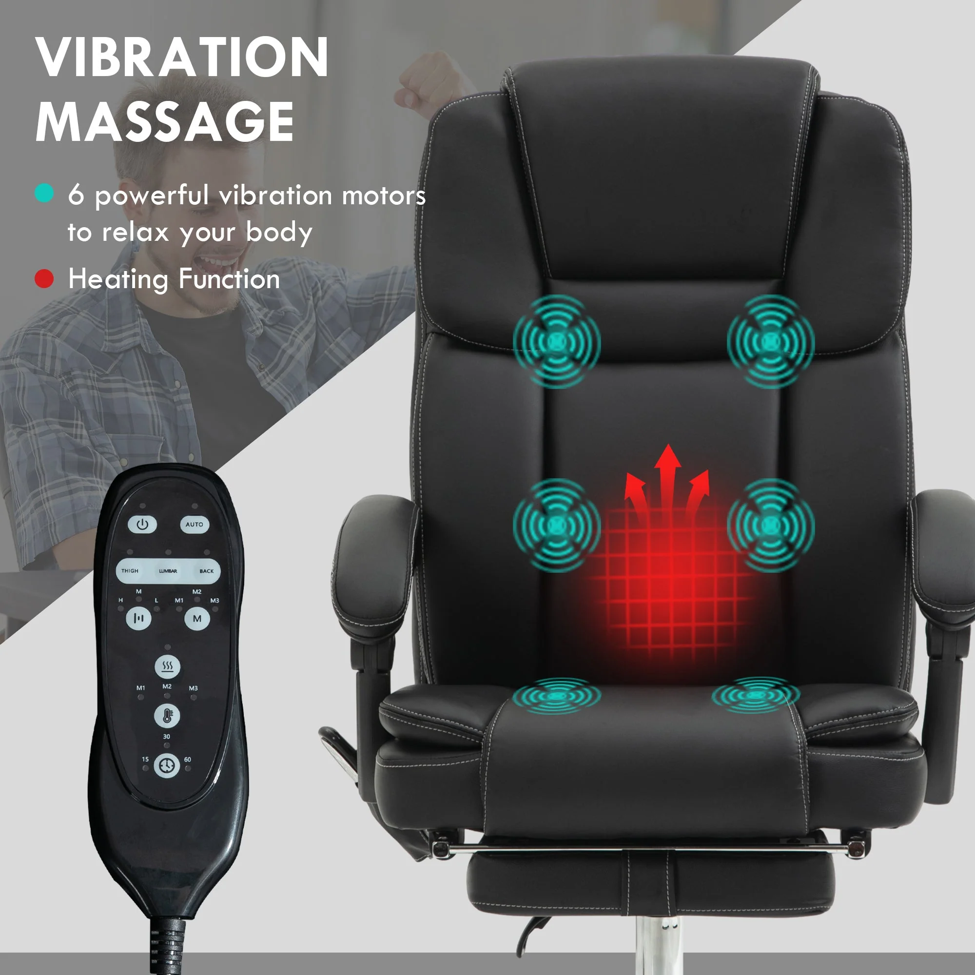 Six Point Vibrating Massage Office Chair with Recline and Footrest, Faux Leather Black - Image 4