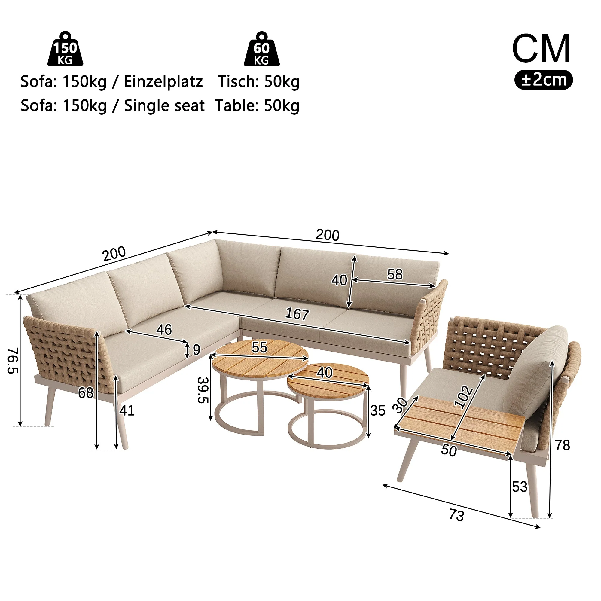 Six-Seater L-Shaped Garden Sofa Set with Hand-Woven Armrests and Coffee Tables, Grey and Beige - Image 9