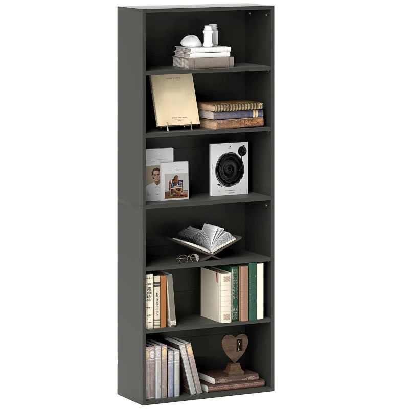 Six Shelf Bookcase, Adjustable Shelves Sturdy Particle Board, Black - Image 2