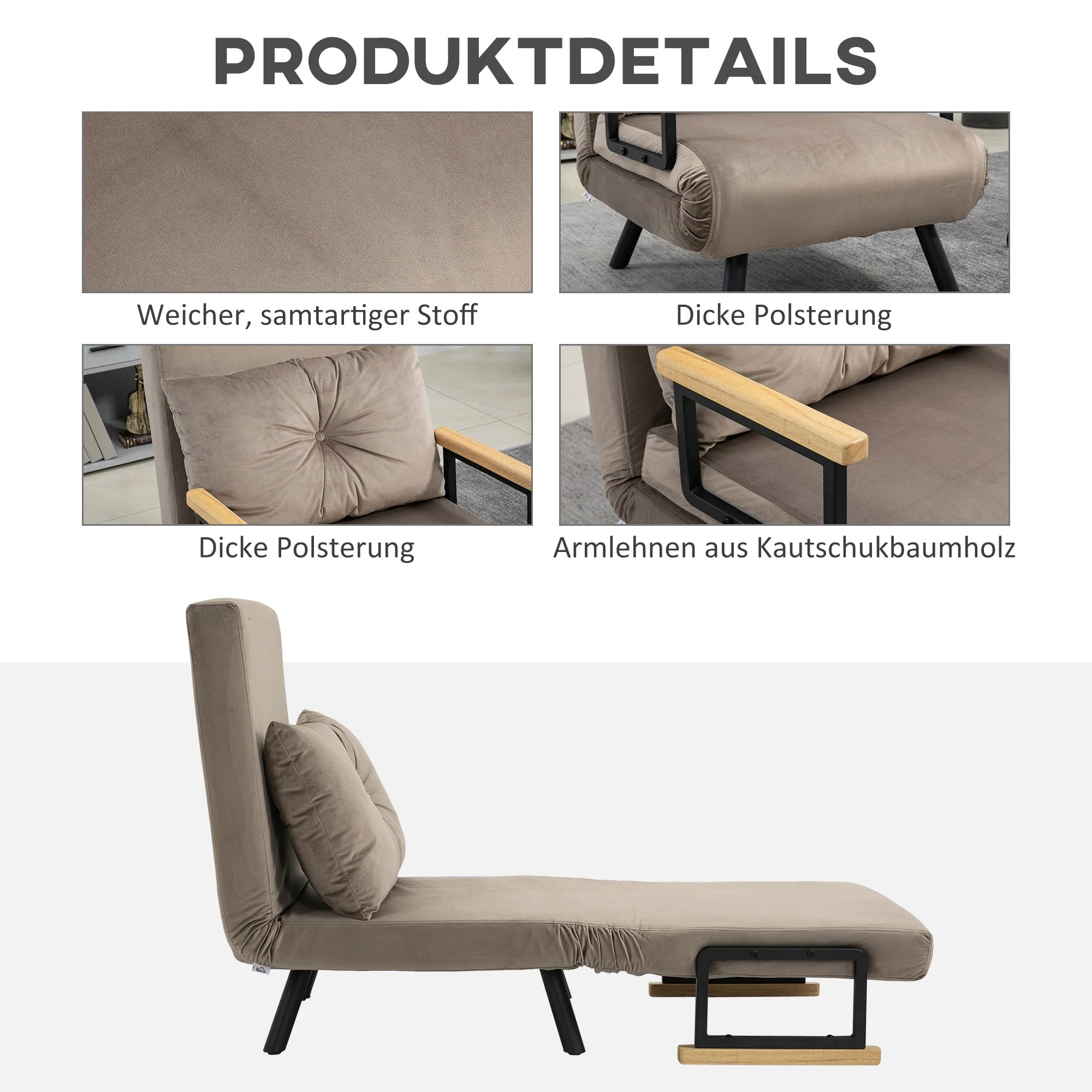 Sleeper Chair Bed, 5-Position Adjustable Backrest Space-Saving Robust, Light Brown Velvet Look - Image 6