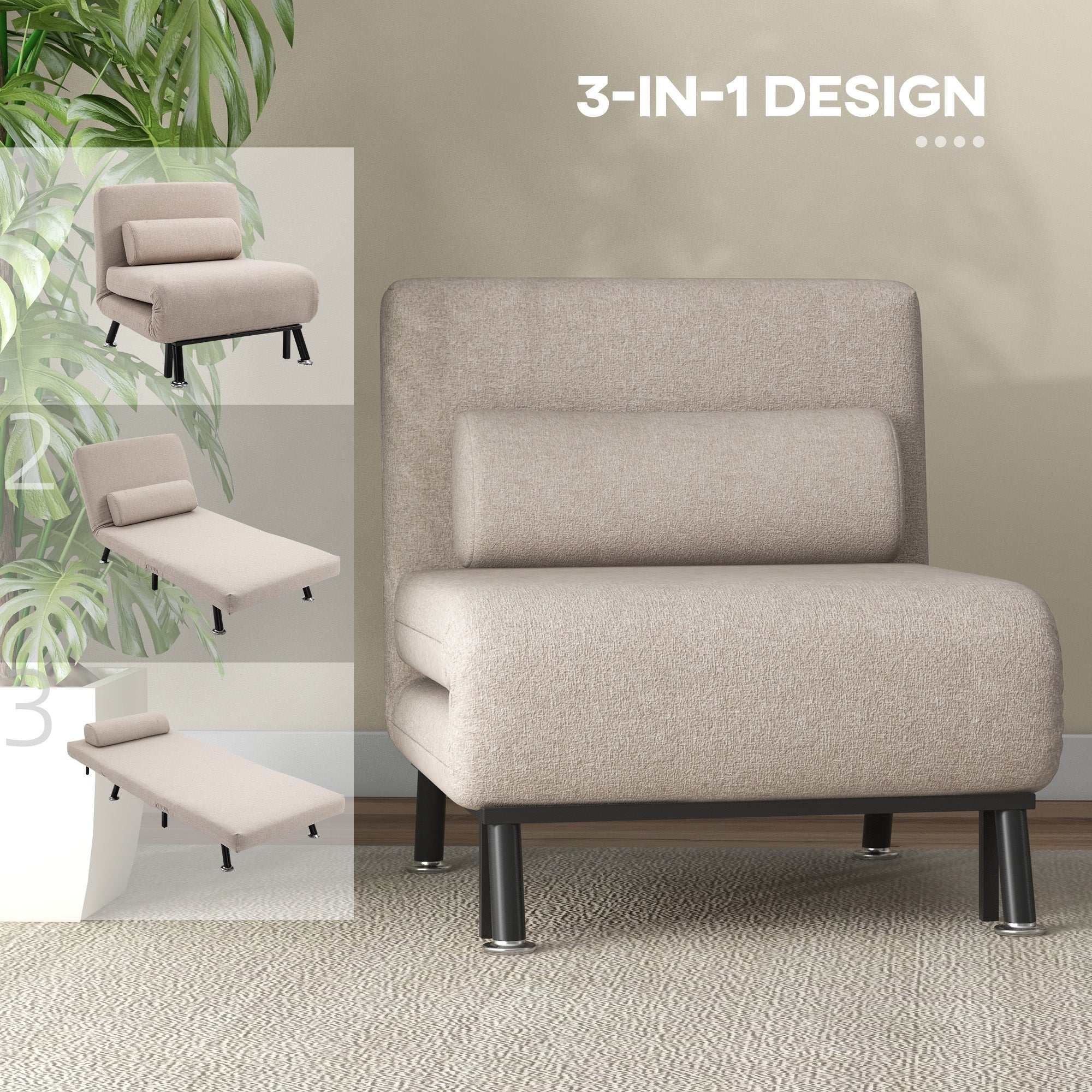 Sleeper Chair Folding Recliner with Bed Function, Adjustable Backrest, Beige Linen Look - Image 6
