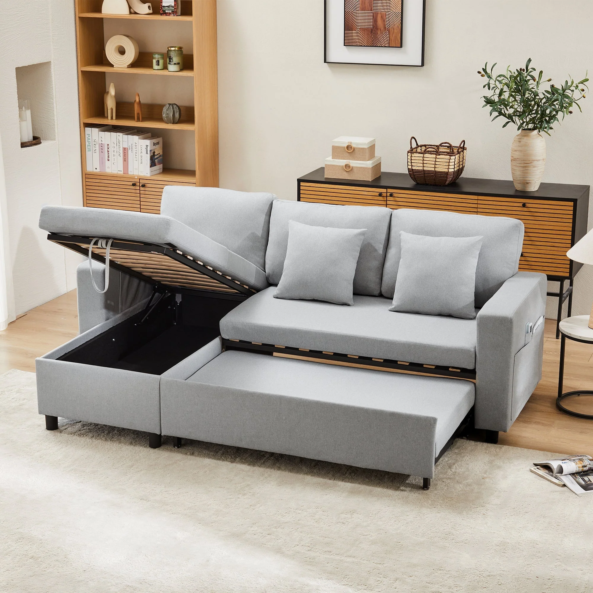 Sleeper Sofa L-Shaped Chaise Longue Reversible Storage with Pocket - Image 5