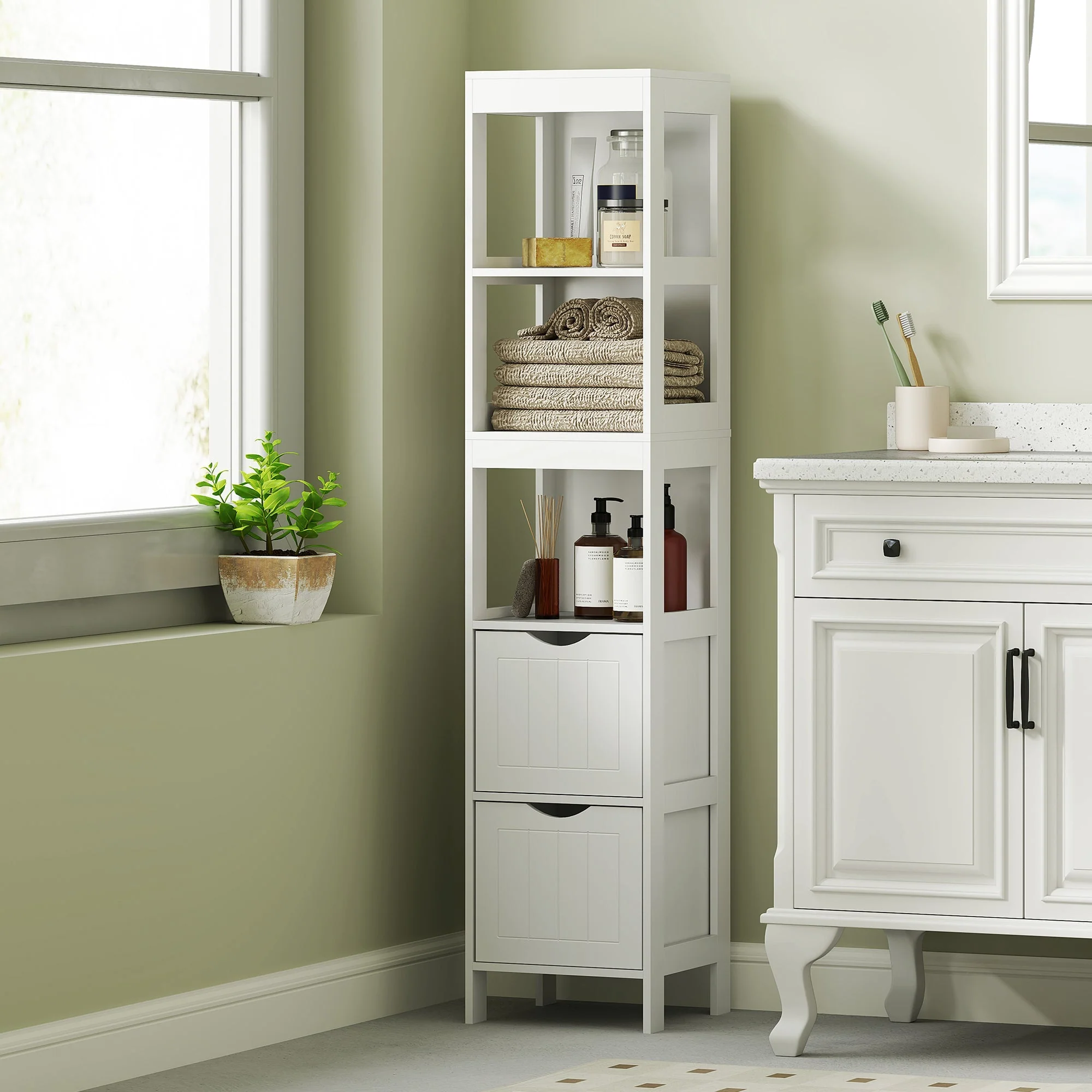 Slim Bathroom Cabinet, Tall with 2 Drawers, 3 Open Compartments, White