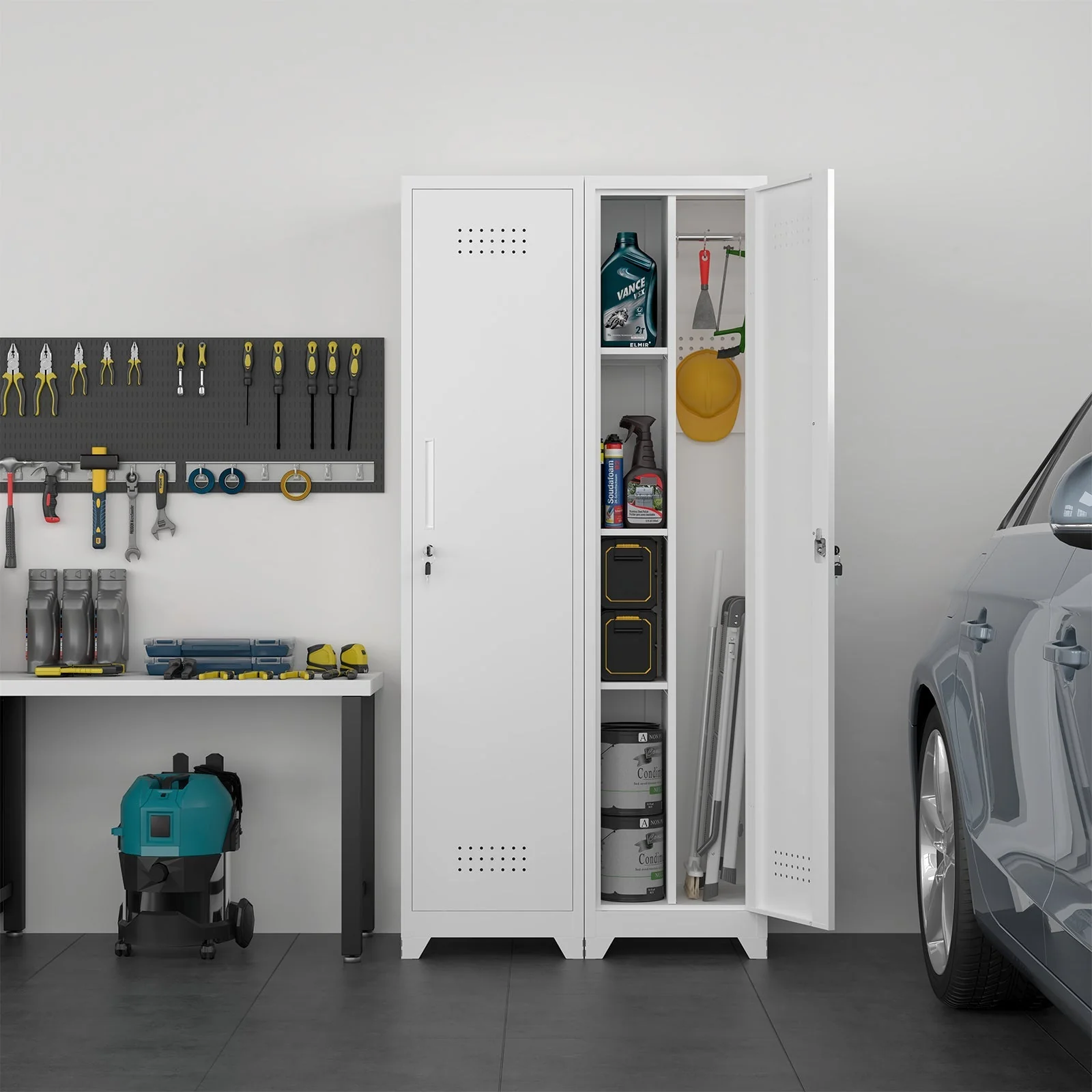 Slim Broom Storage Cabinet with Shelves, Hanging Rod and Locking Door, Metal