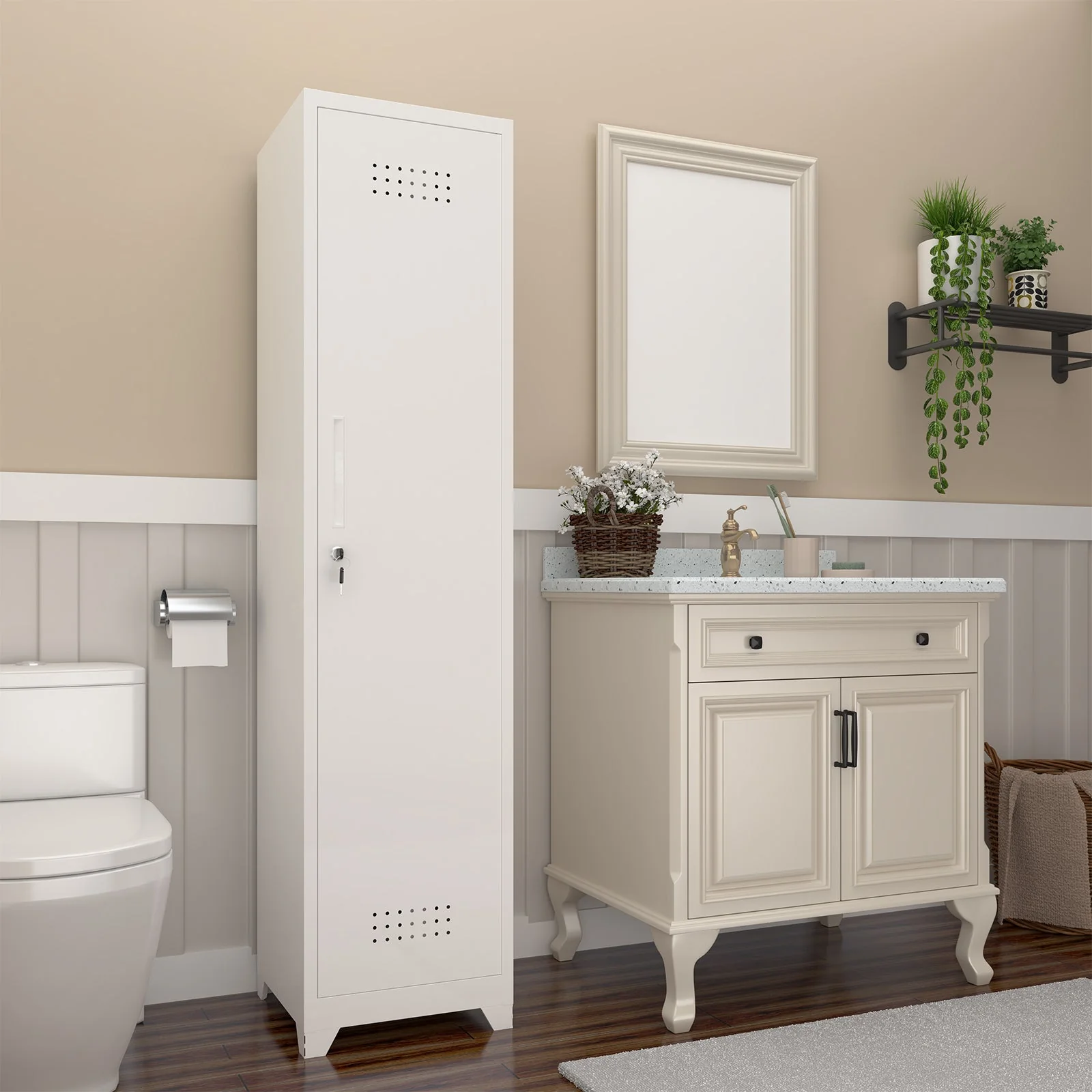 Slim Broom Storage Cabinet with Shelves, Hanging Rod and Locking Door, Metal - Image 5
