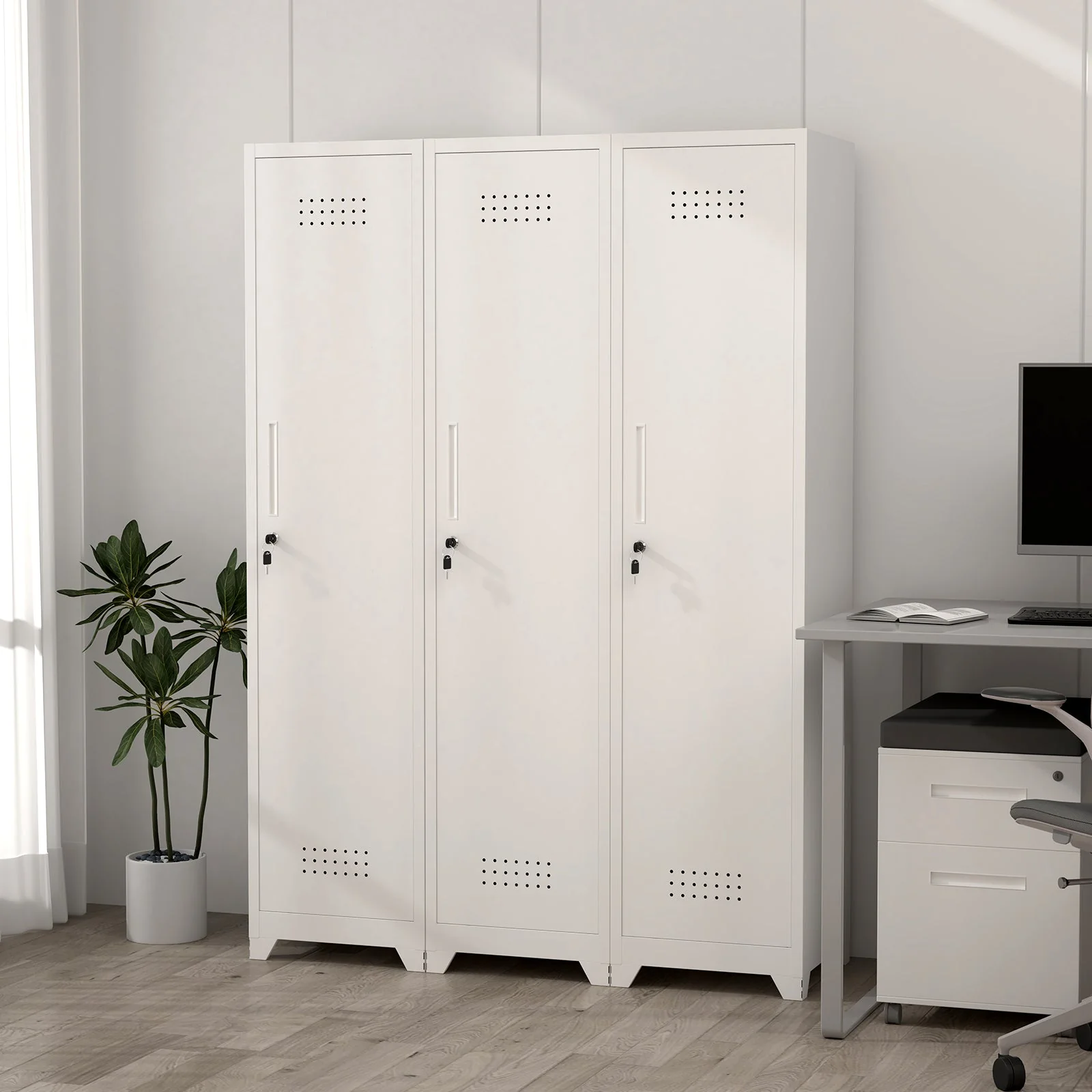 Slim Broom Storage Cabinet with Shelves, Hanging Rod and Locking Door, Metal - Image 6