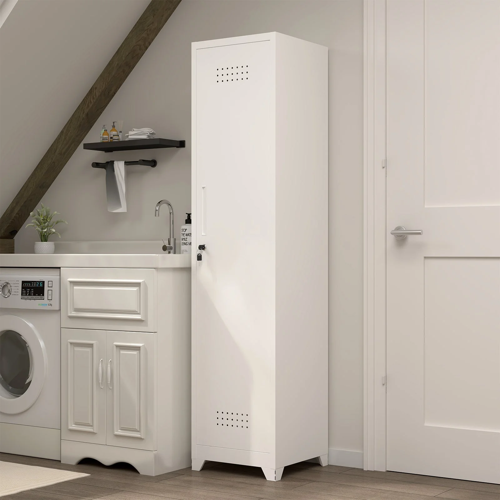 Slim Broom Storage Cabinet with Shelves, Hanging Rod and Locking Door, Metal - Image 8
