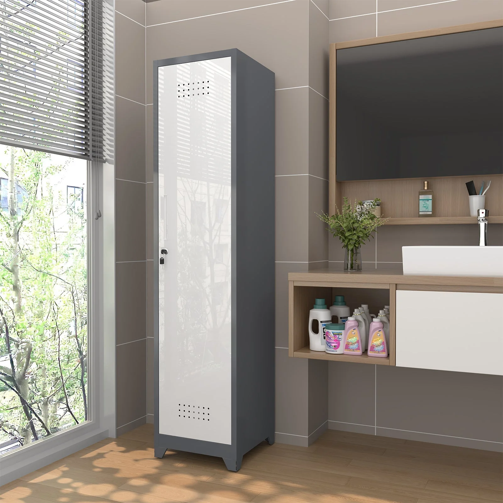 Slim Broom Storage Cabinet with Shelves, Hanging Rod & Locking Door - Metal - Image 9
