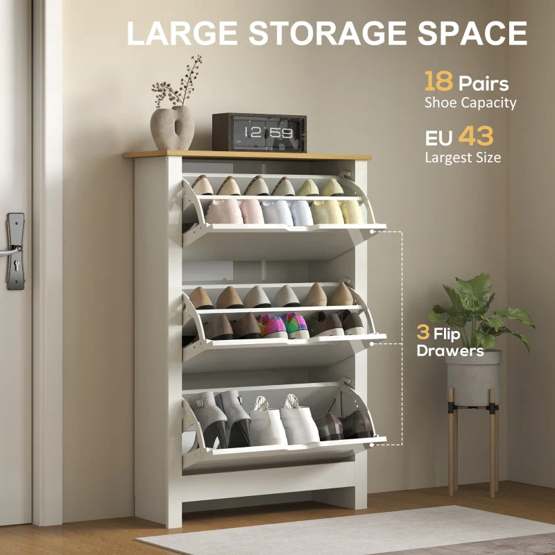 Slim Shoe Cabinet with 3 Flip Drawers and Adjustable Shelves for 18 Pairs, High Gloss White - Image 4