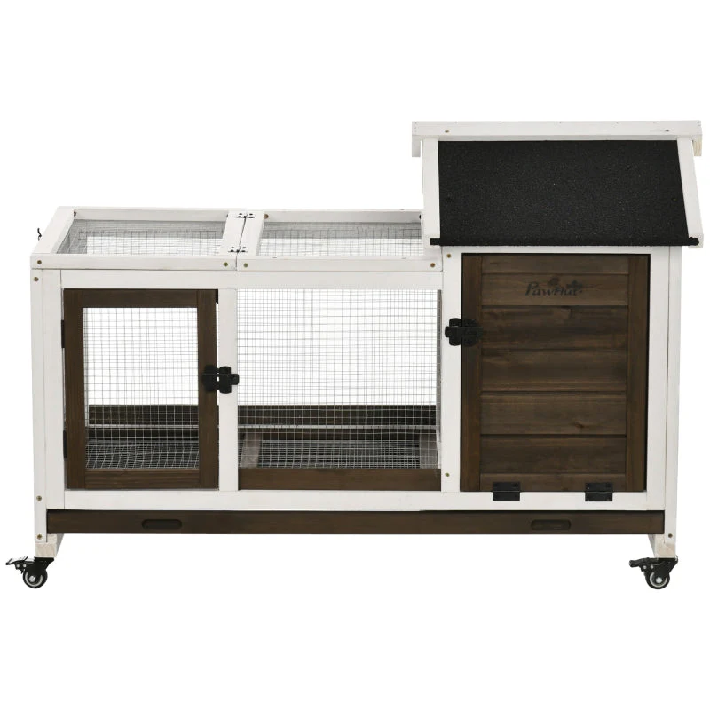 Small Animal Hutch for Dwarf Rabbits, Guinea Pigs, with Wheels, Coffee - Image 2