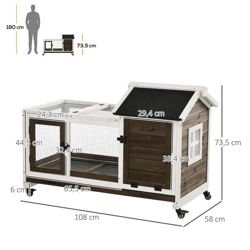 Small Animal Hutch for Dwarf Rabbits, Guinea Pigs, with Wheels, Coffee - Image 3
