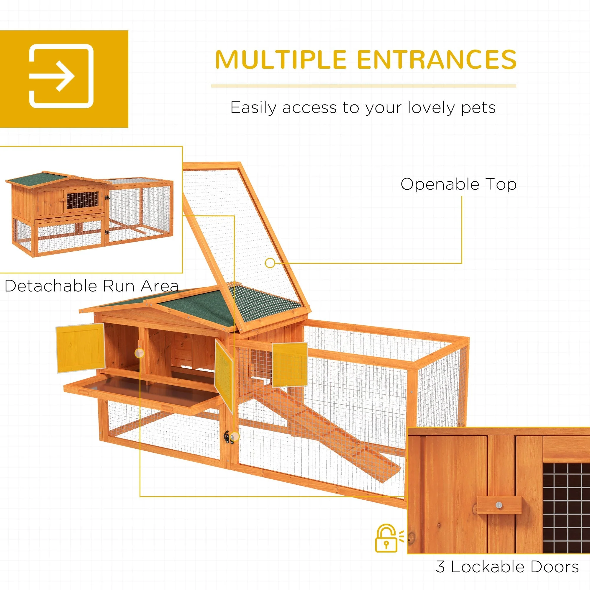 Small Animal Hutch, Indoor Outdoor with Tray & Ramp, Fir Wood, Orange - Image 4
