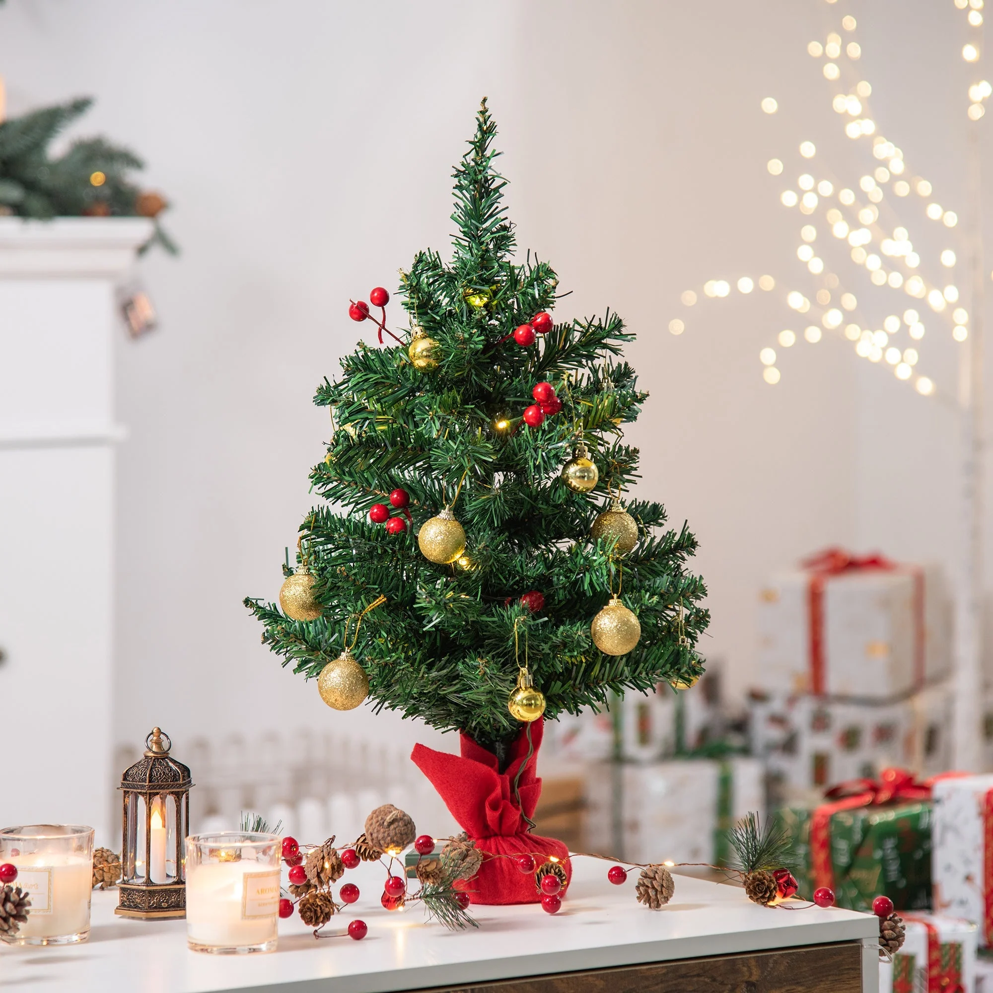 Small Christmas Tree, Mini with Holly Berries, Baubles & LED Lights, Green PVC