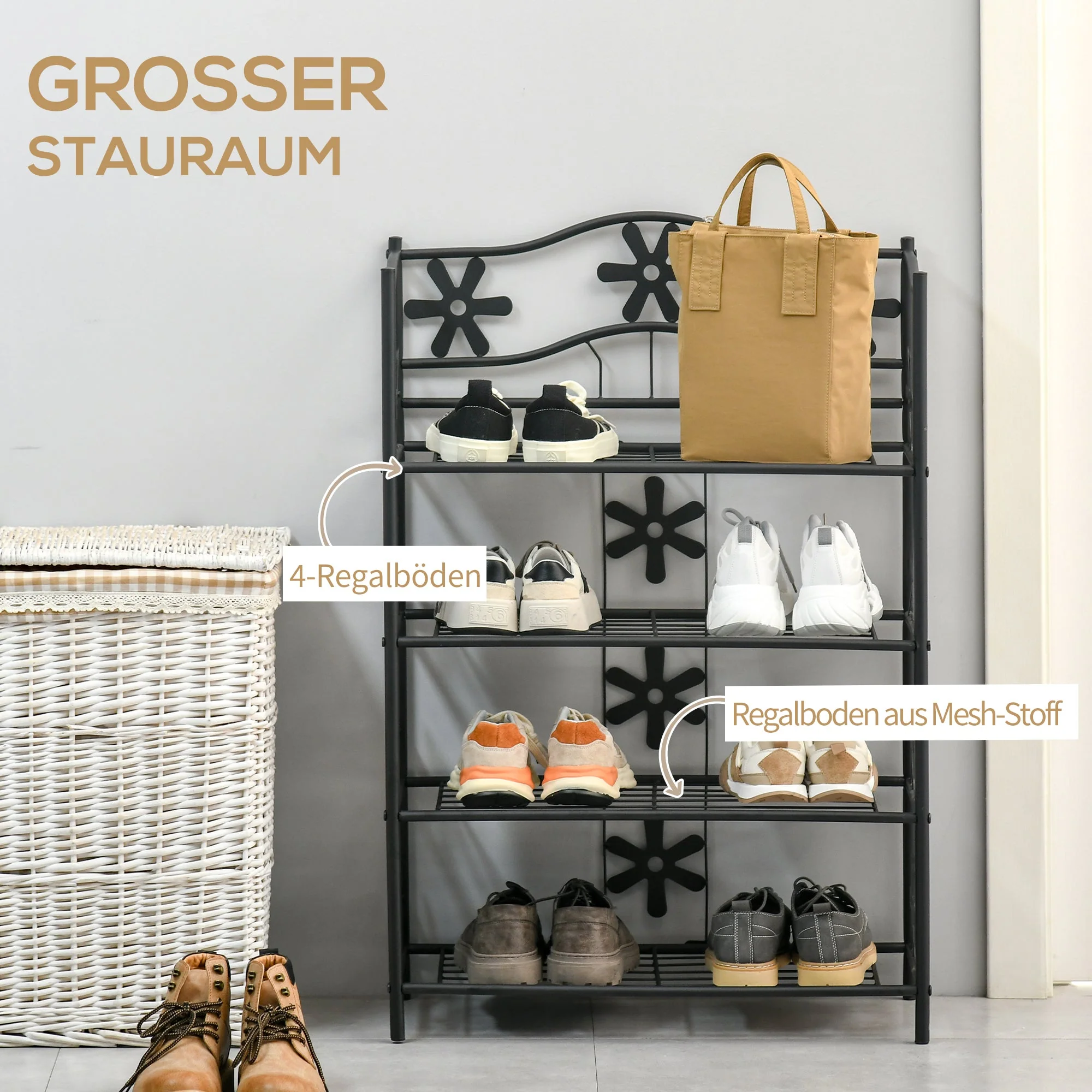 Small Shoe Rack/Plant Stand 4 Tiers Space-Saving Metal Black - Image 4