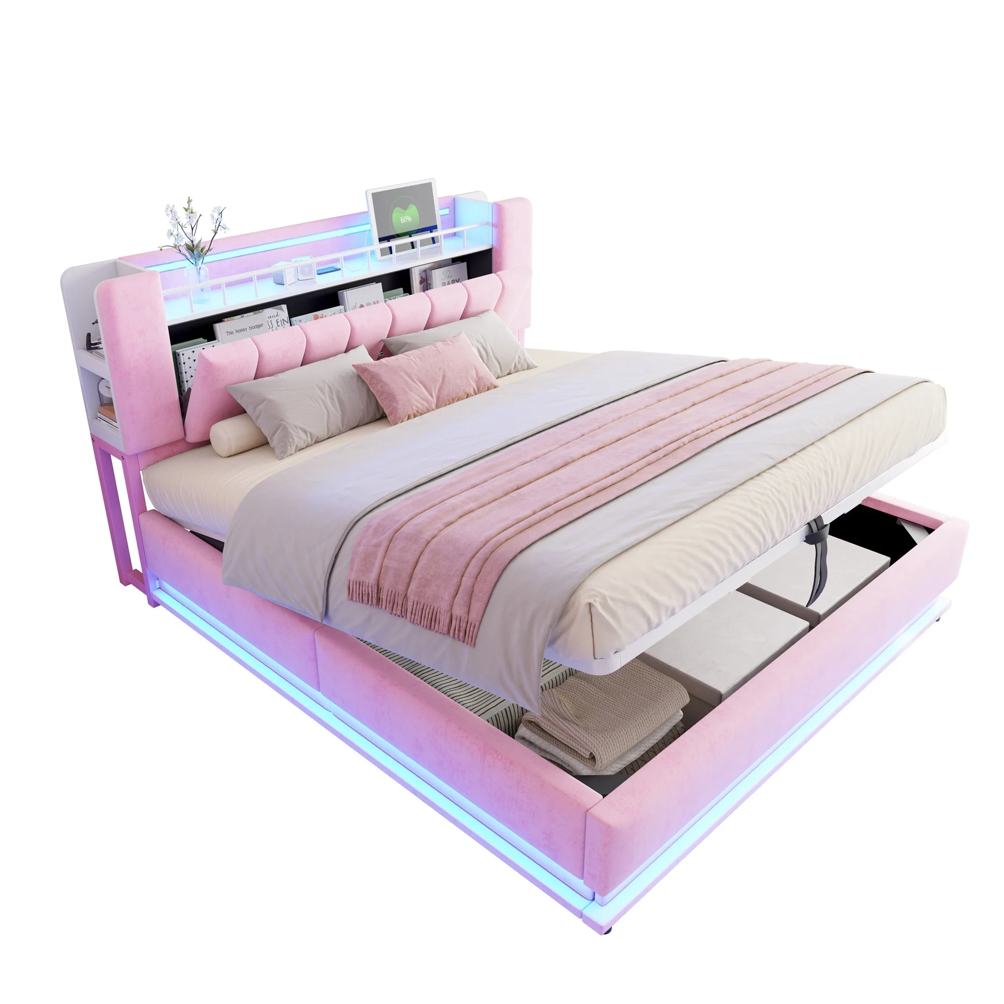 Smart Upholstered Bed with LED Lighting, USB and Hydraulic Storage, 180 x 200 cm, Pink Velvet - Image 9