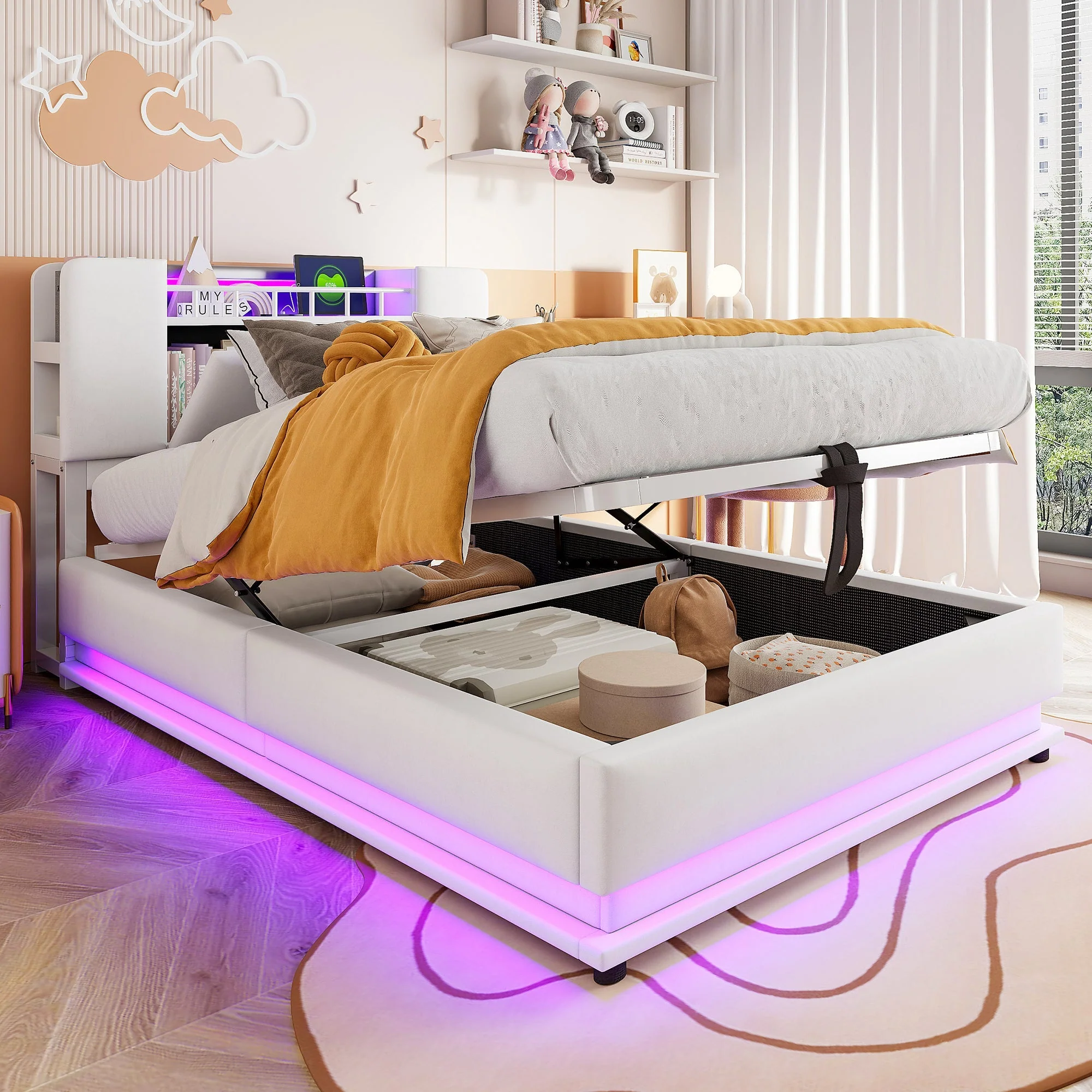 Smart Upholstered Bed with LED, USB and Hydraulic Storage, Beige Velvet - Image 12