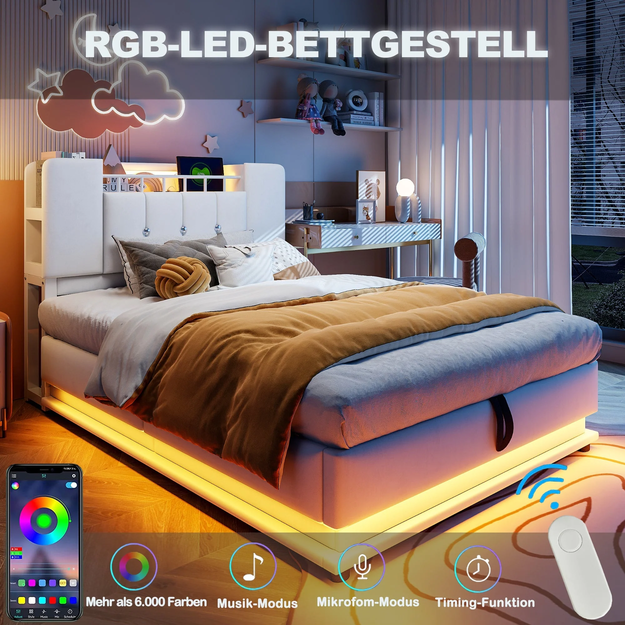 Smart Upholstered Bed with LED, USB and Hydraulic Storage, Beige Velvet - Image 15