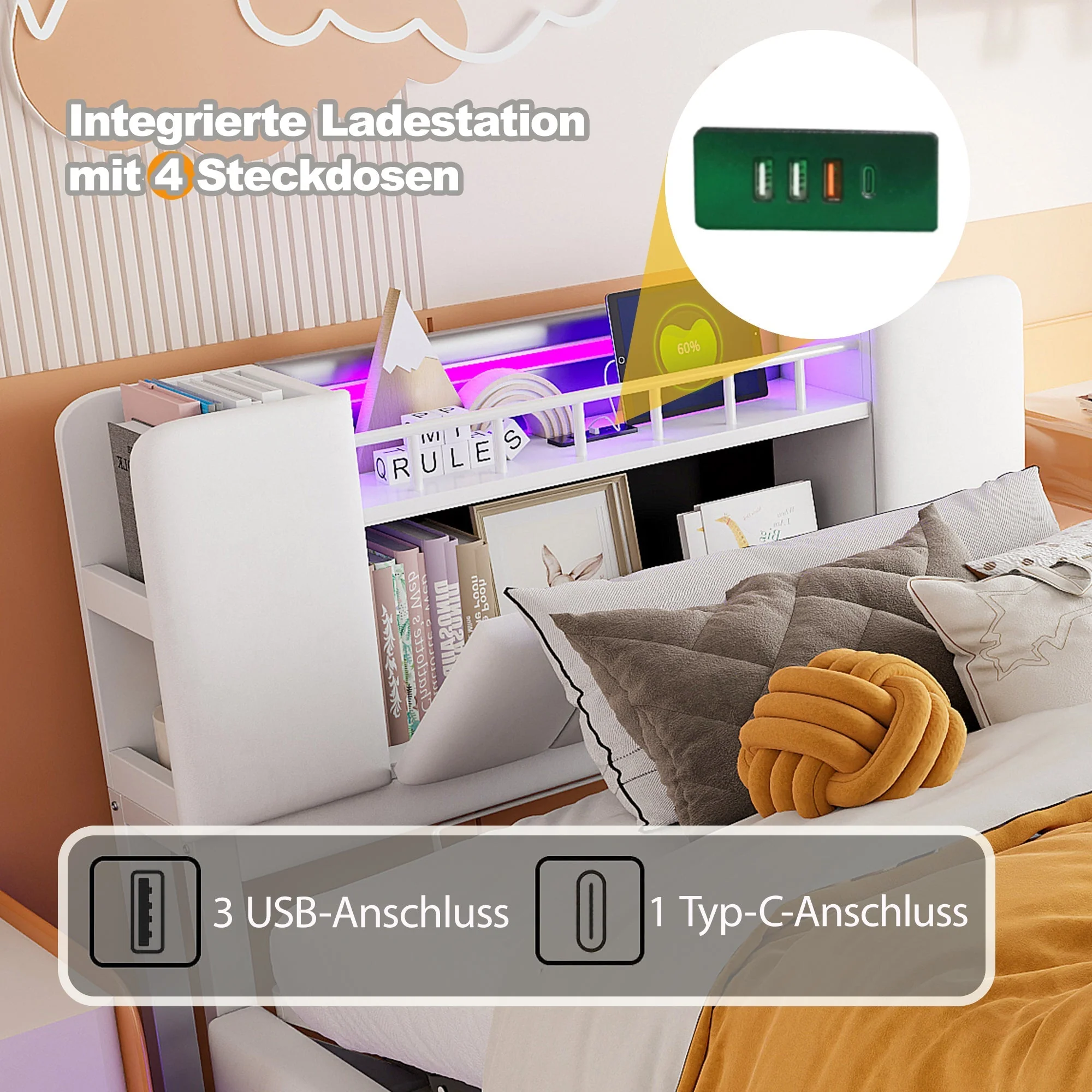 Smart Upholstered Bed with LED, USB and Hydraulic Storage, Beige Velvet - Image 17