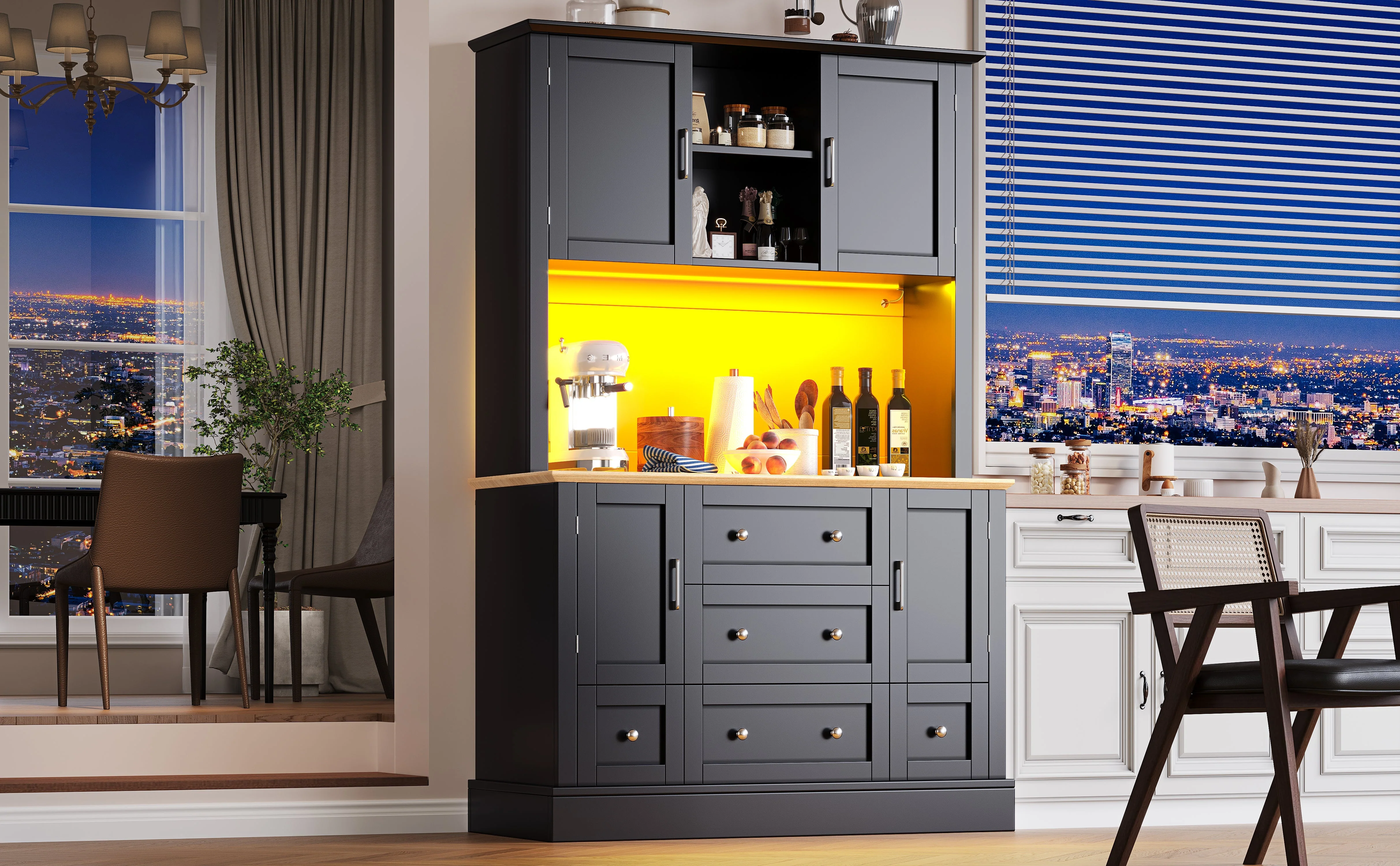 Snack Cabinet Tall Dining Sideboard with 5 Drawers & LED Lighting, Black - Image 4