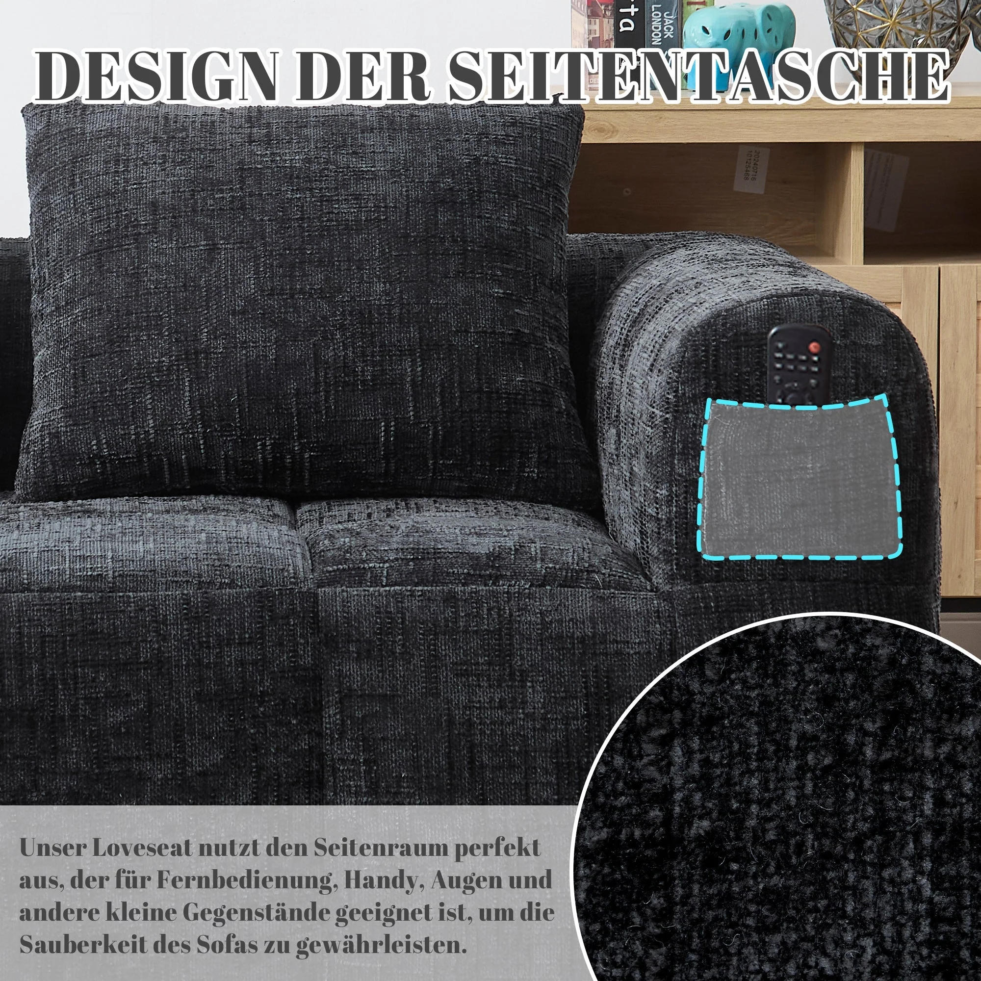 Sofa 2-Person Plush Cushion Side Pockets, No Assembly, Black - Image 4