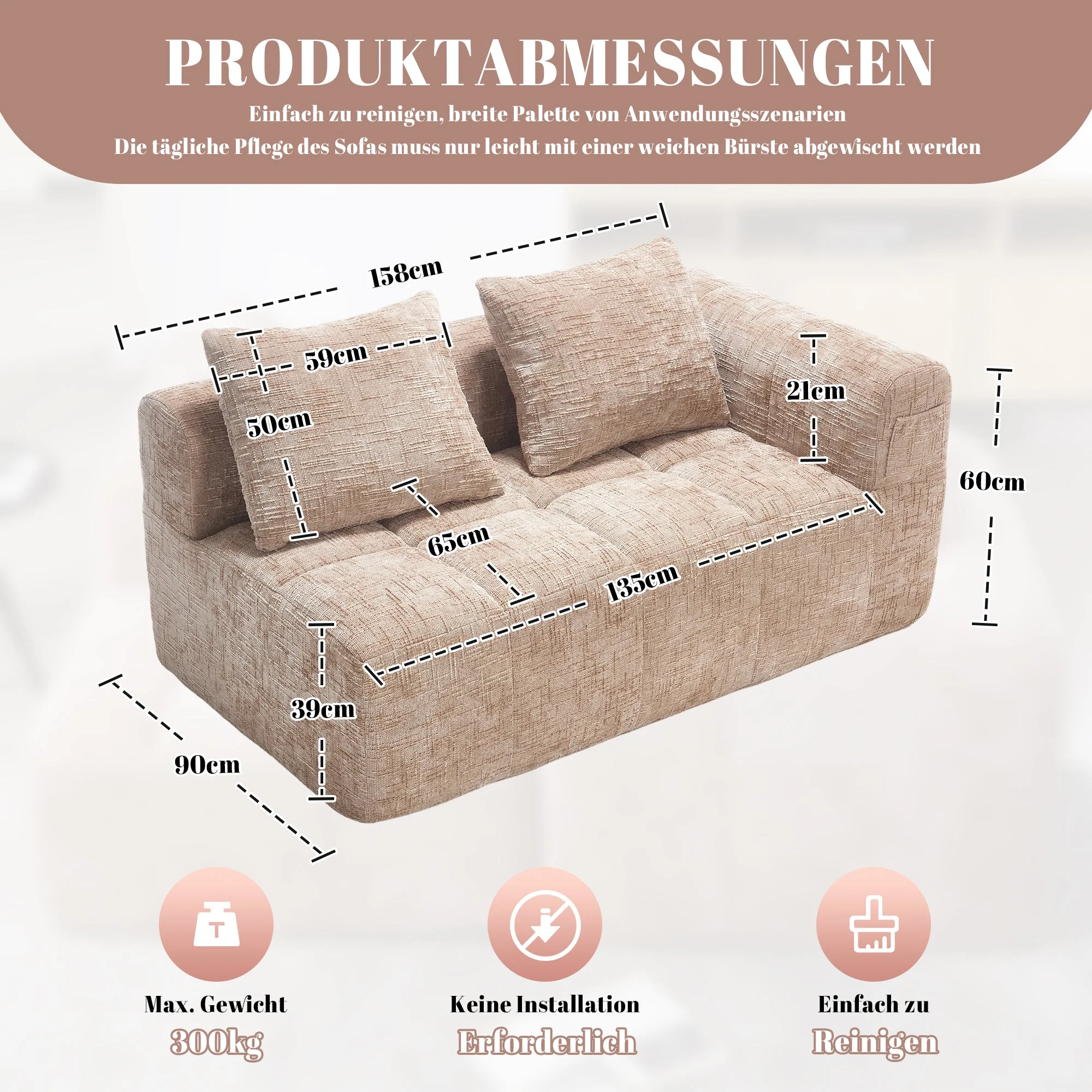 Sofa, 2-Person Plush No Assembly Side Pockets, Khaki - Image 2