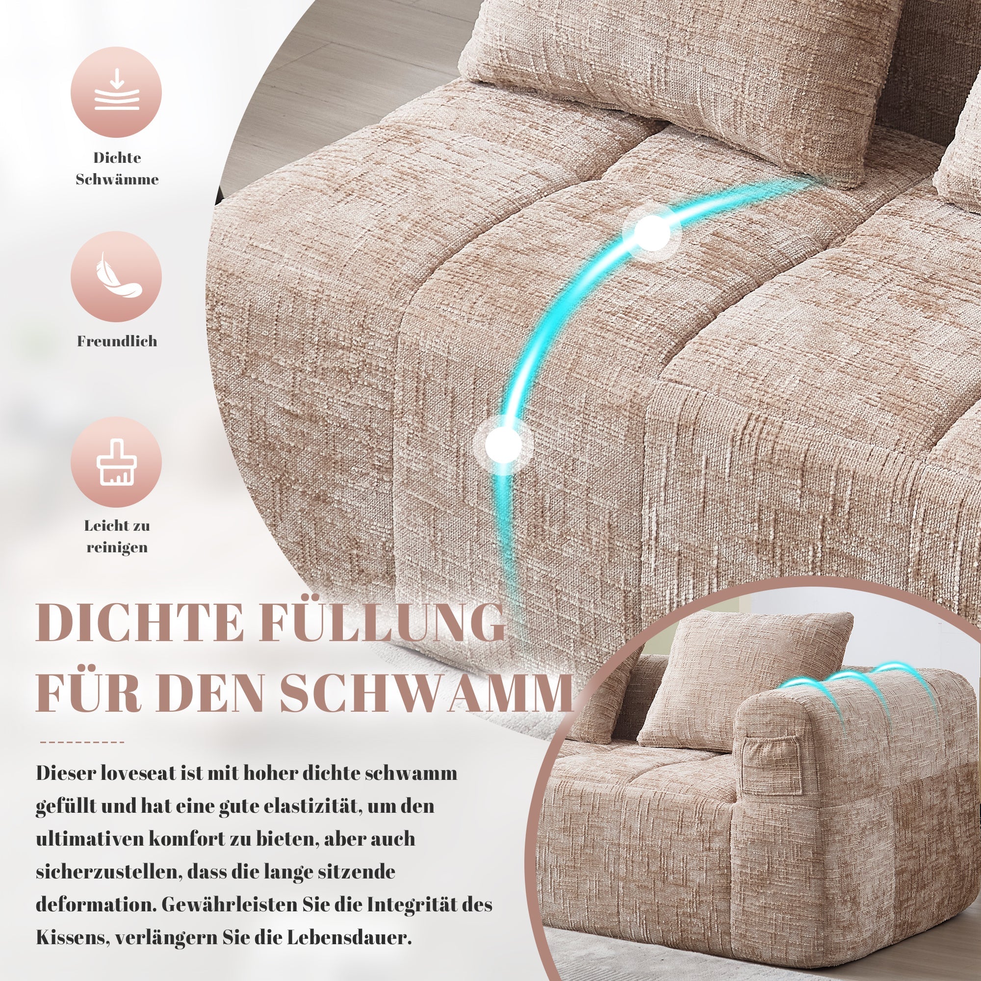 Sofa, 2-Person Plush No Assembly Side Pockets, Khaki - Image 3