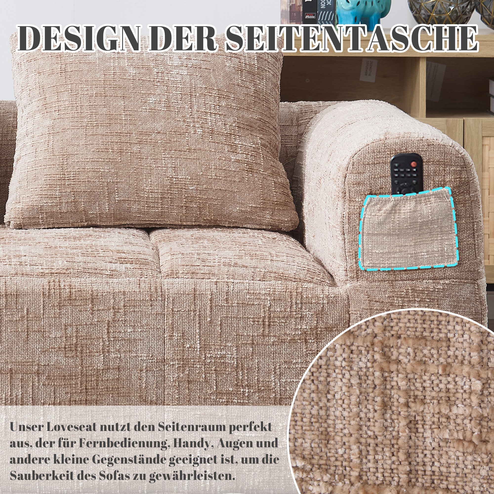 Sofa, 2-Person Plush No Assembly Side Pockets, Khaki - Image 4