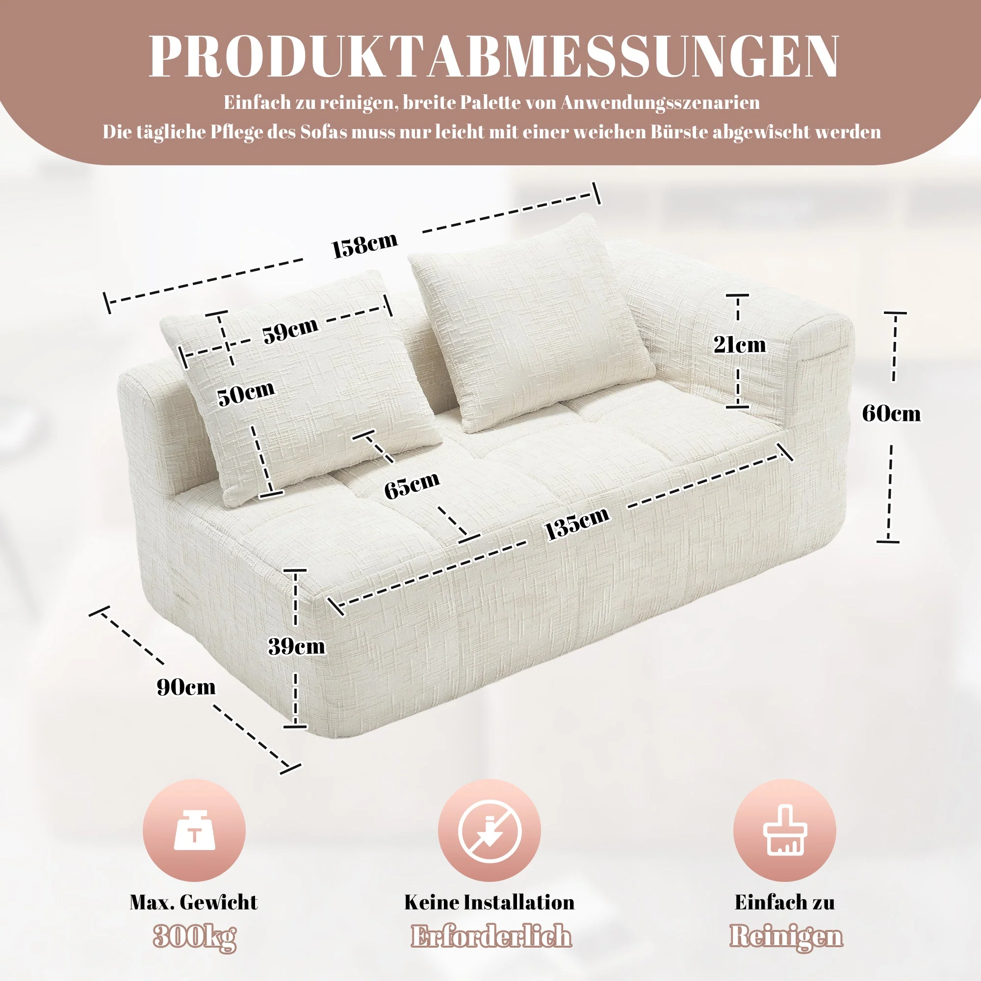 Sofa 2-Seater, Plush Cushion Side Pockets, Beige - Image 3
