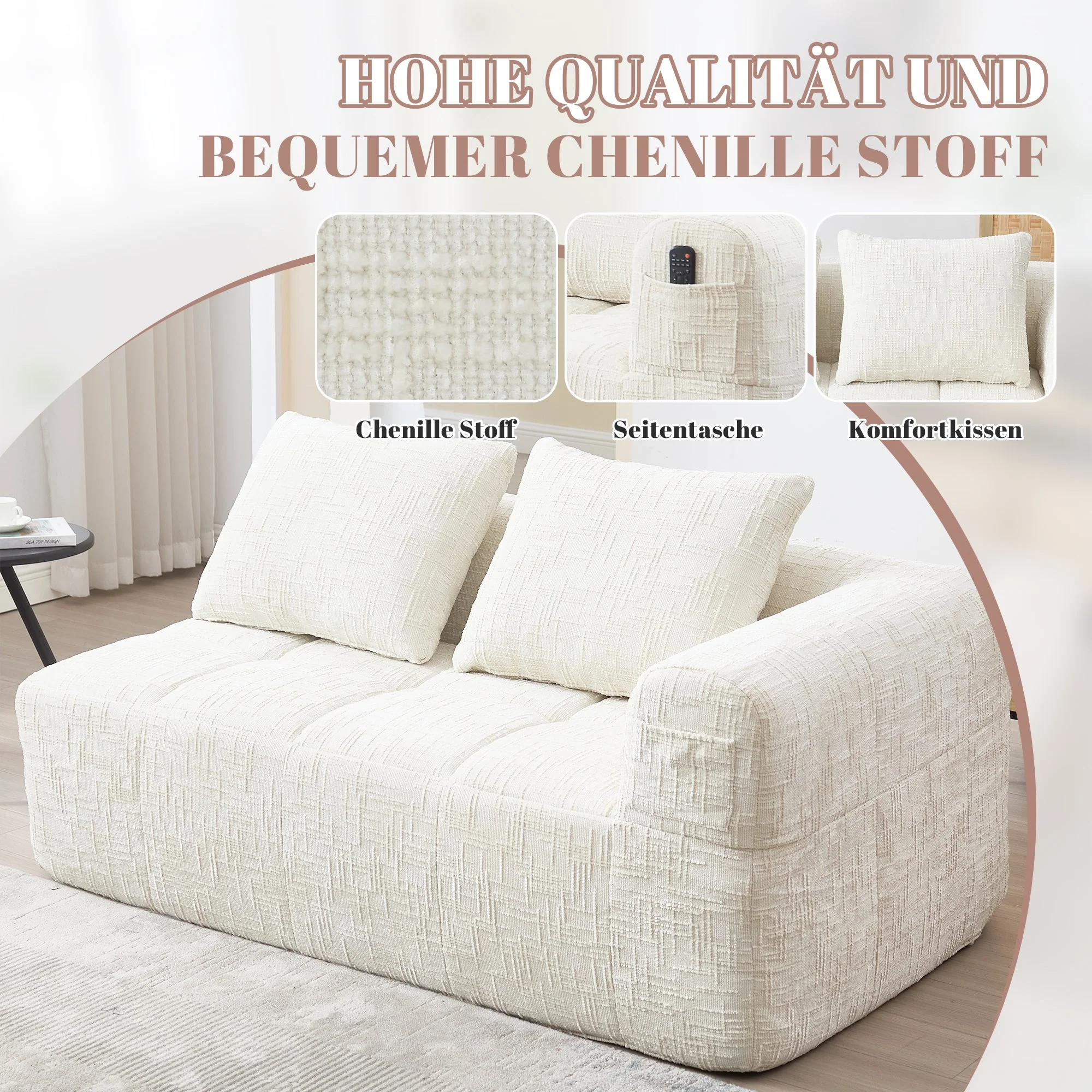 Sofa 2-Seater, Plush Cushion Side Pockets, Beige - Image 4