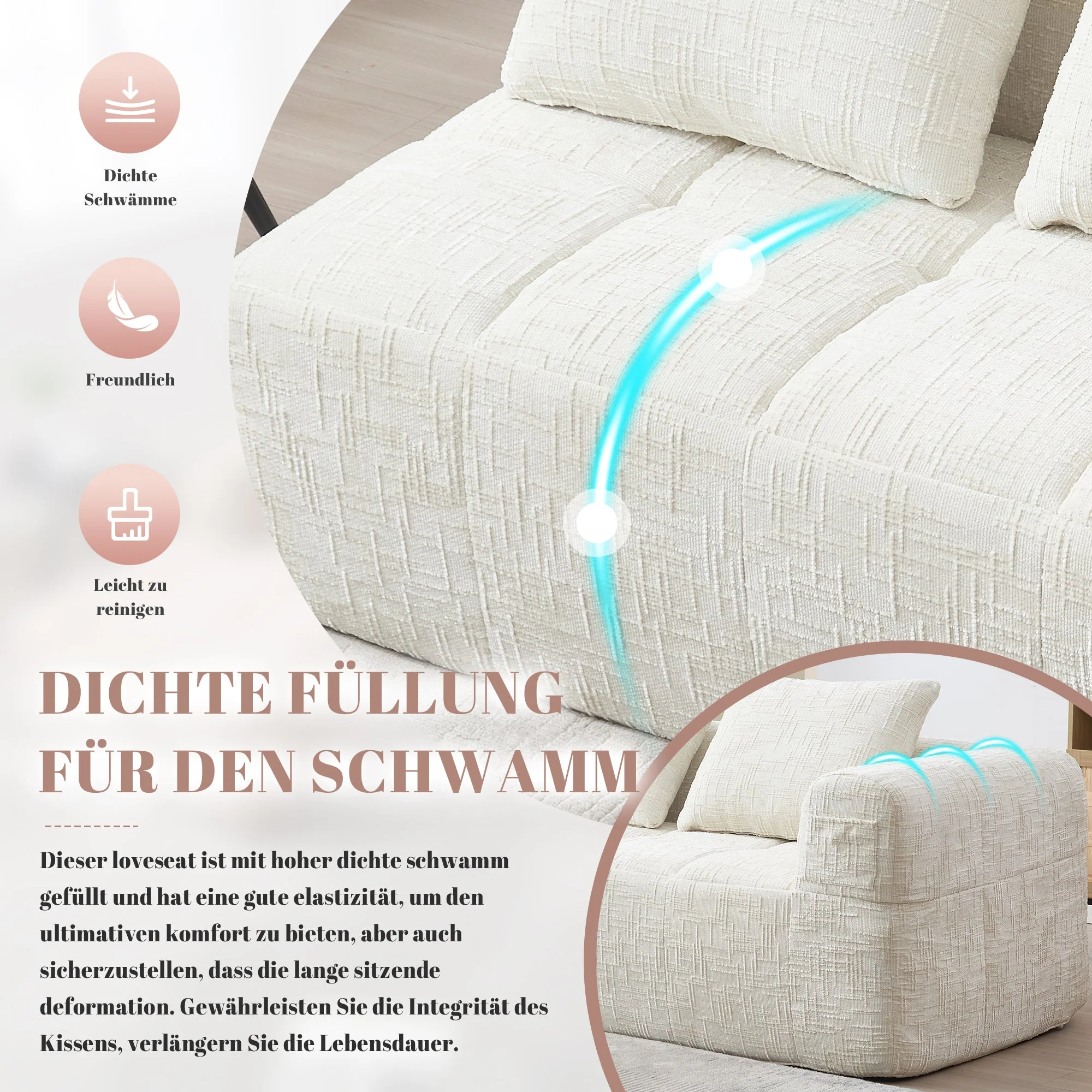 Sofa 2-Seater, Plush Cushion Side Pockets, Beige - Image 6