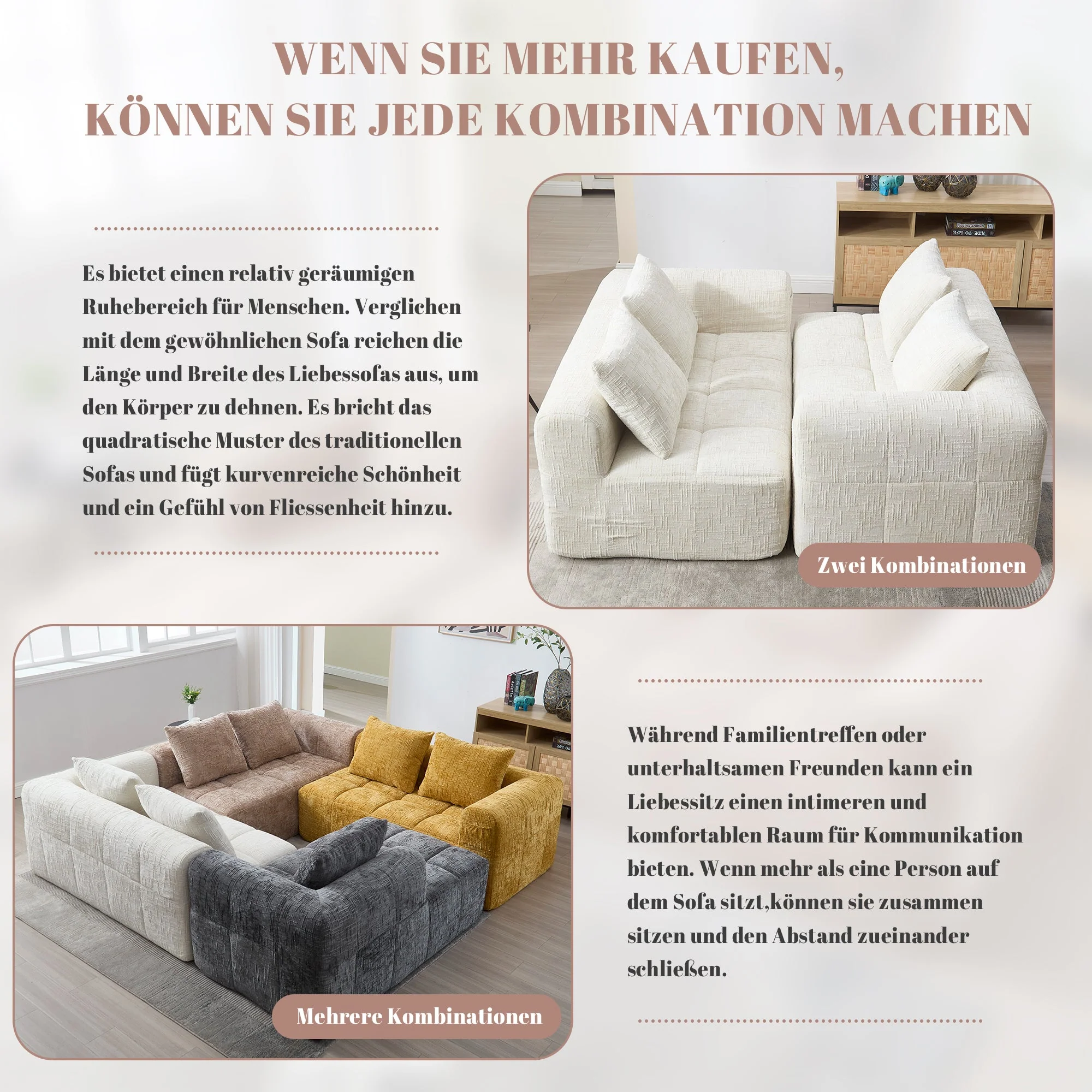 Sofa 2-Seater, Plush Cushion Side Pockets, Beige - Image 8
