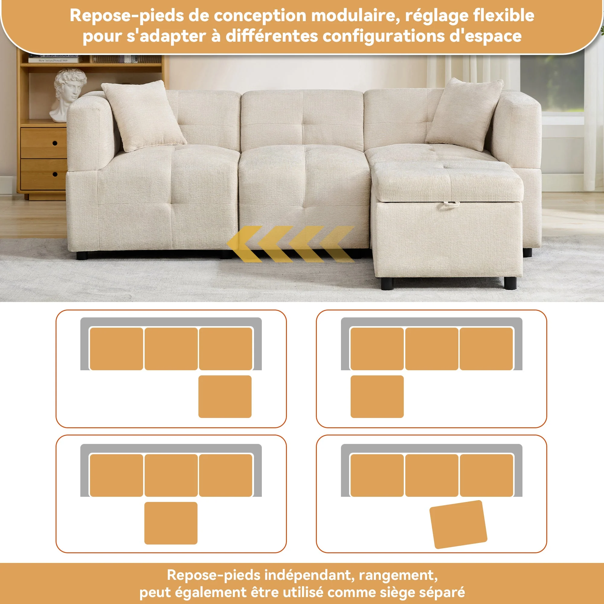 Sofa, 3-Seater L-Shaped Corner with Storage & Removable Footstool, 2 Cushions - Image 10