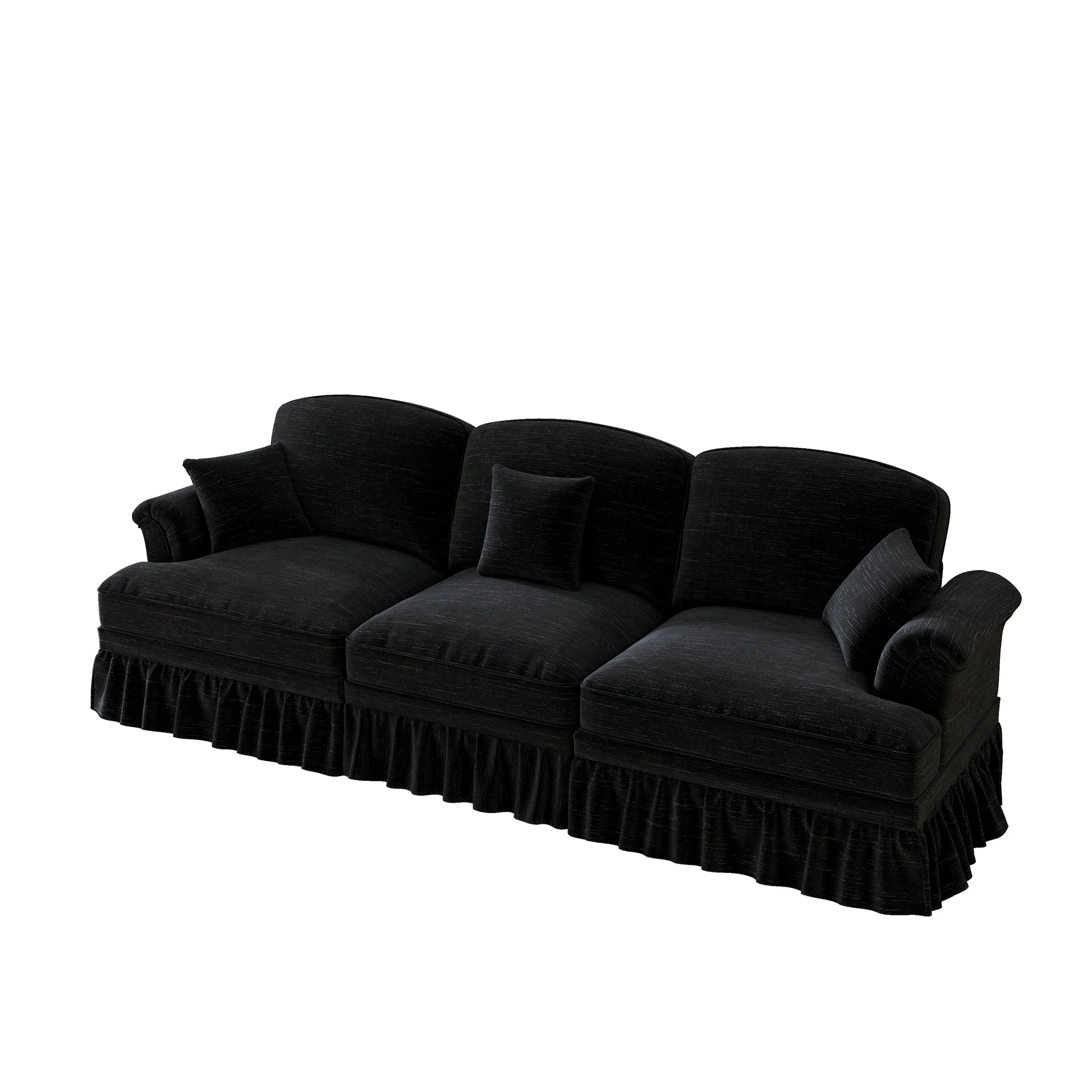 Sofa 3-seater Mid-Century Chenille Ruffled Apron - Black - Image 9