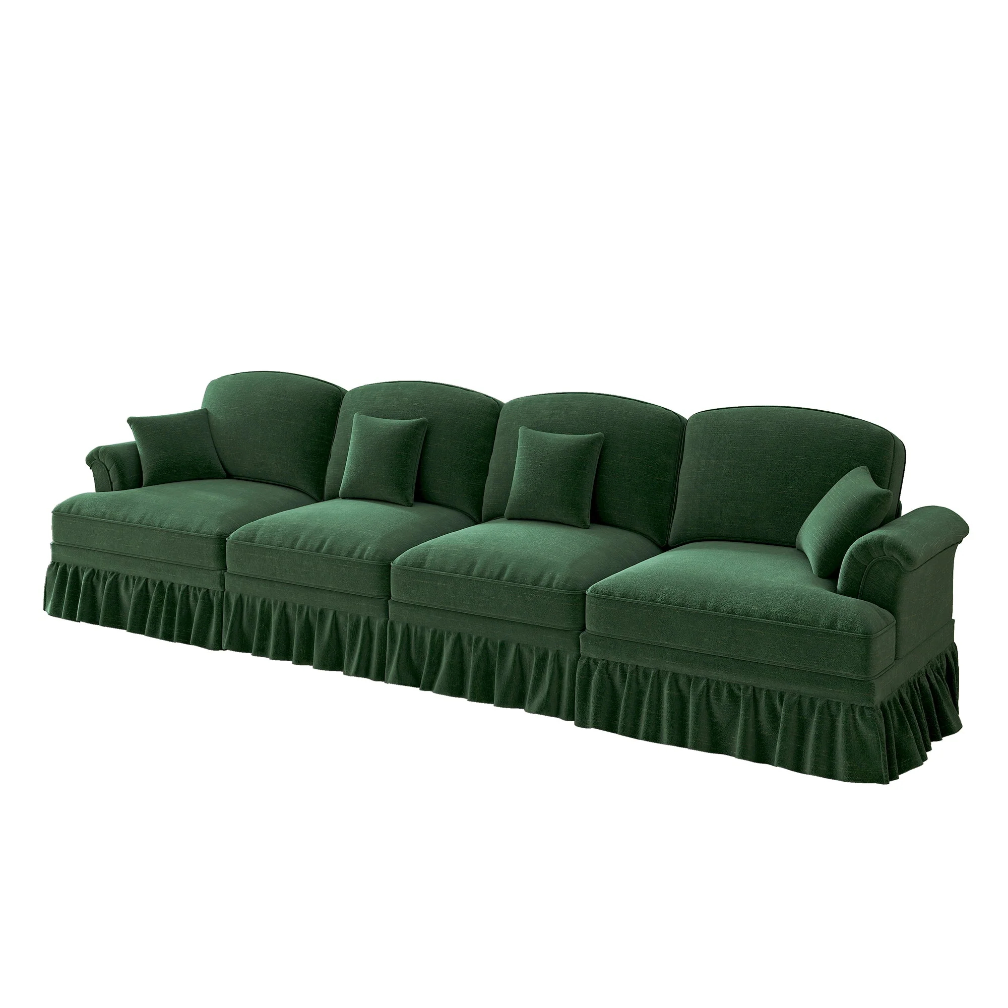 Sofa 4-Seater Mid-Century Chenille Ruffled Apron Spindle Legs - Green - Image 10
