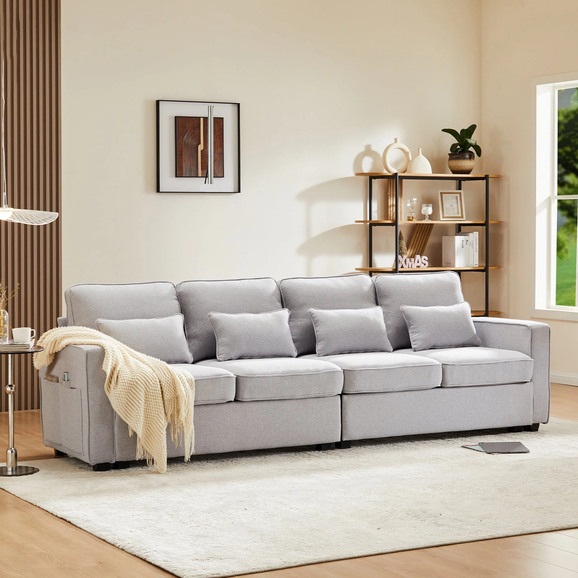 Sofa, 4-Seater with Armrest Pockets & 4 Pillows, Linen Fabric - Image 2