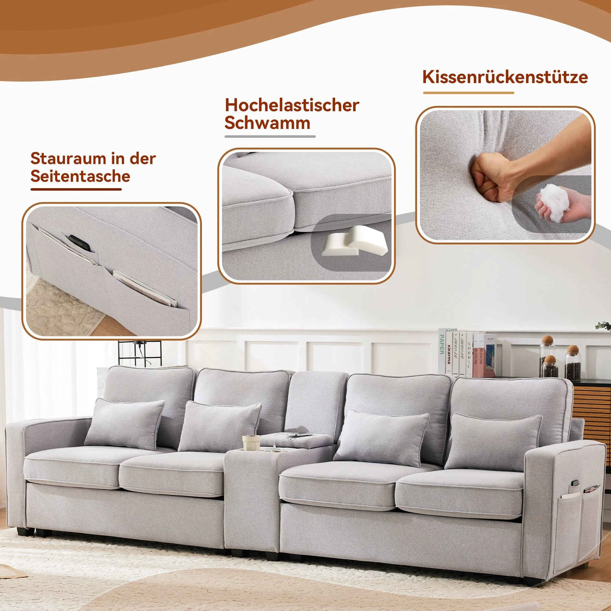 Sofa, 4-Seater with Console, Cupholders, USB, Linen Fabric - Image 10