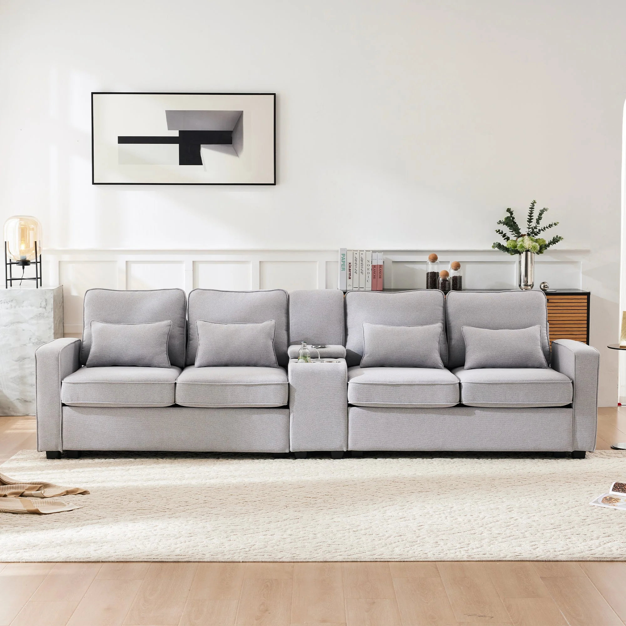 Sofa, 4-Seater with Console, Cupholders, USB, Linen Fabric - Image 2