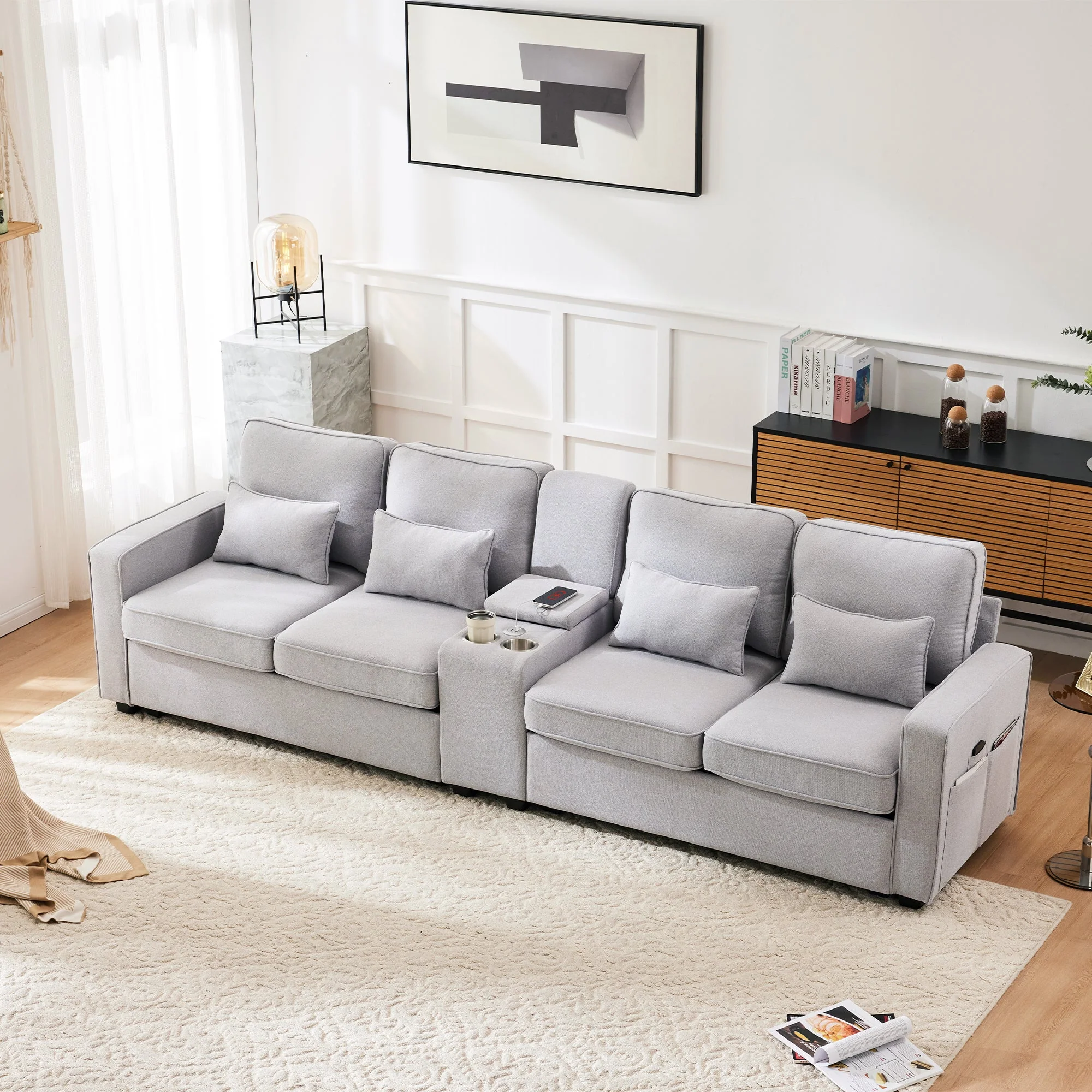 Sofa, 4-Seater with Console, Cupholders, USB, Linen Fabric - Image 3
