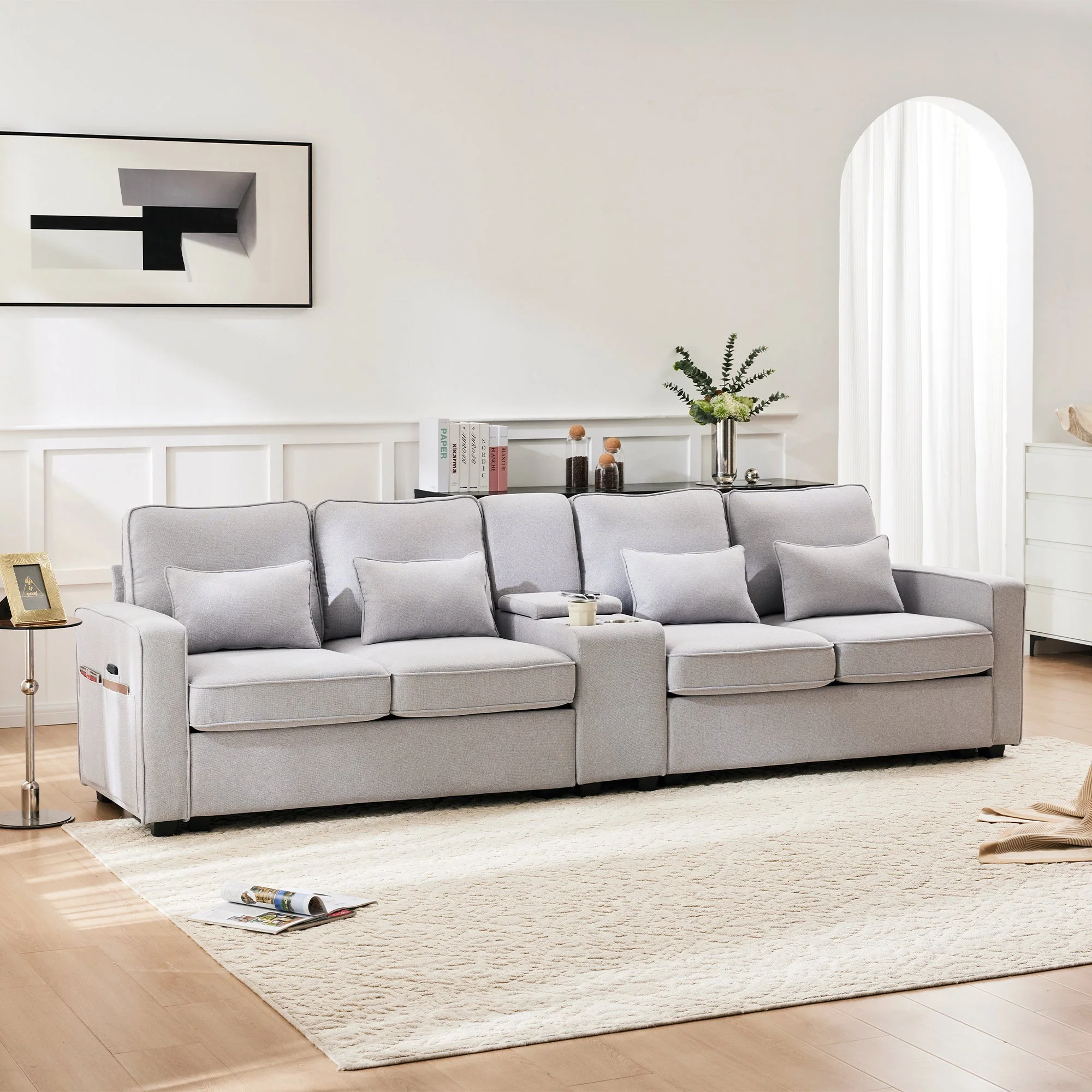 Sofa, 4-Seater with Console, Cupholders, USB, Linen Fabric - Image 5