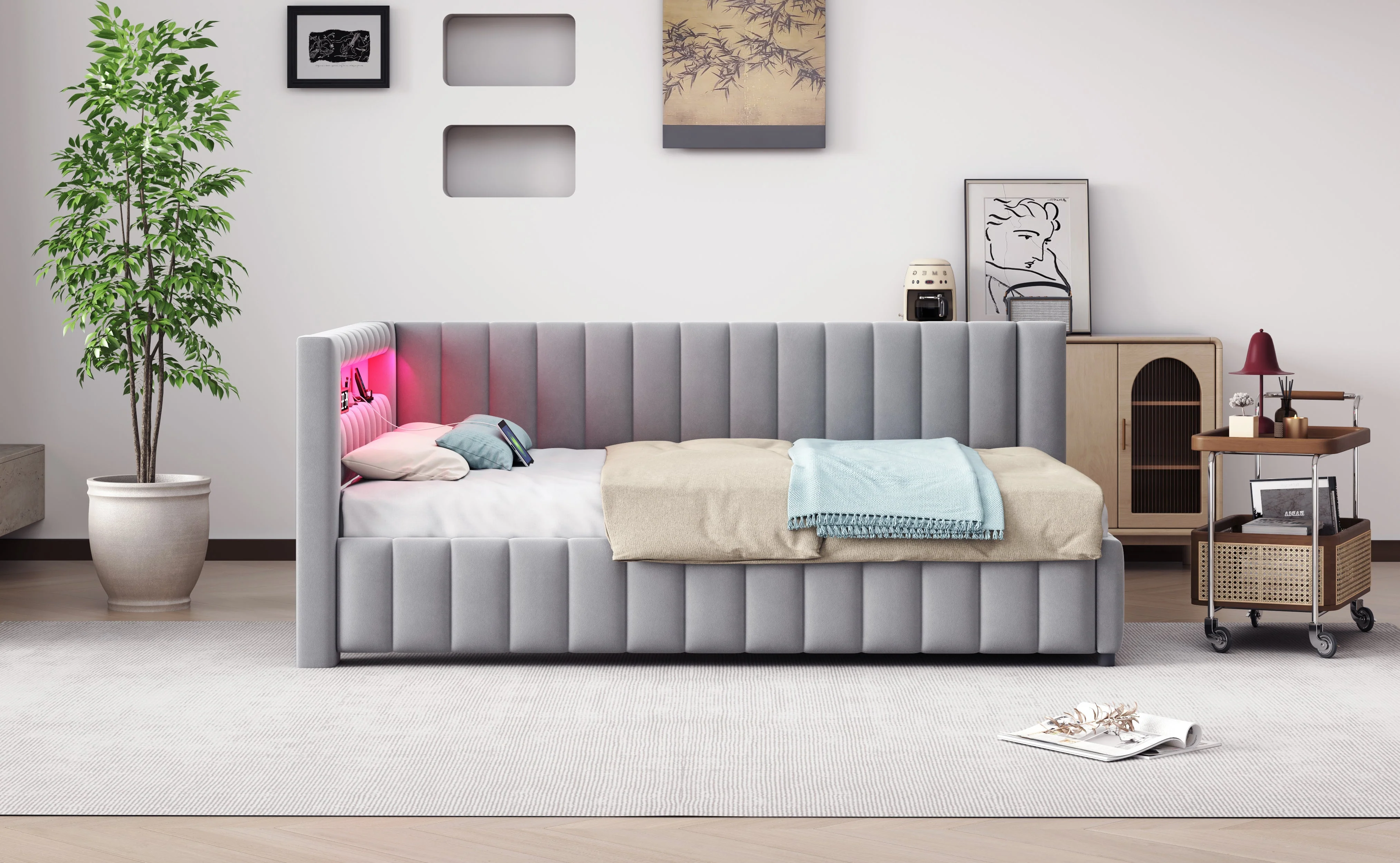 Sofa bed 140x200, LED light USB port, velvet grey - Image 7