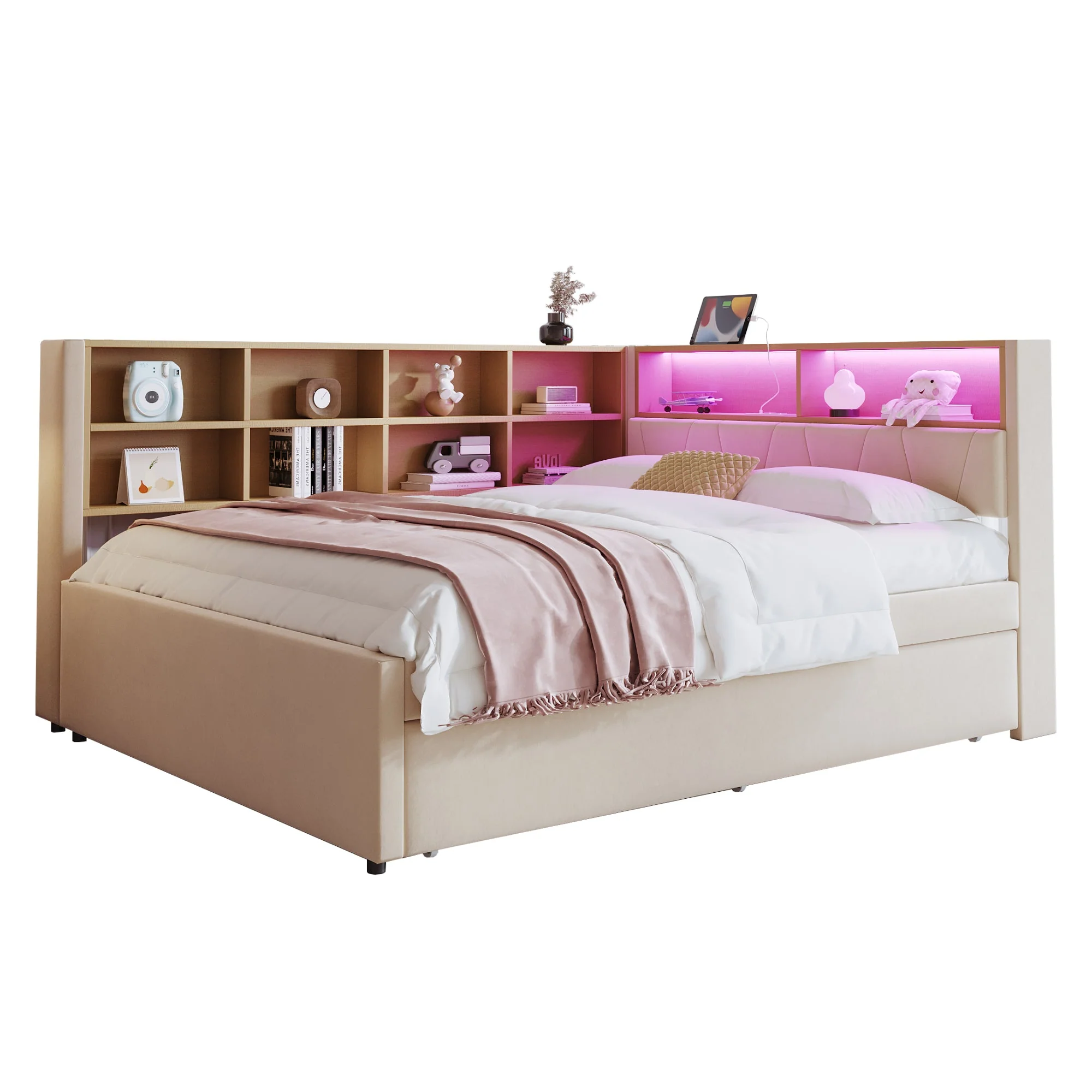 Sofa Bed 140x200, Pull-out 90x190, LED Lights & Storage, Flannel Beige - Image 6