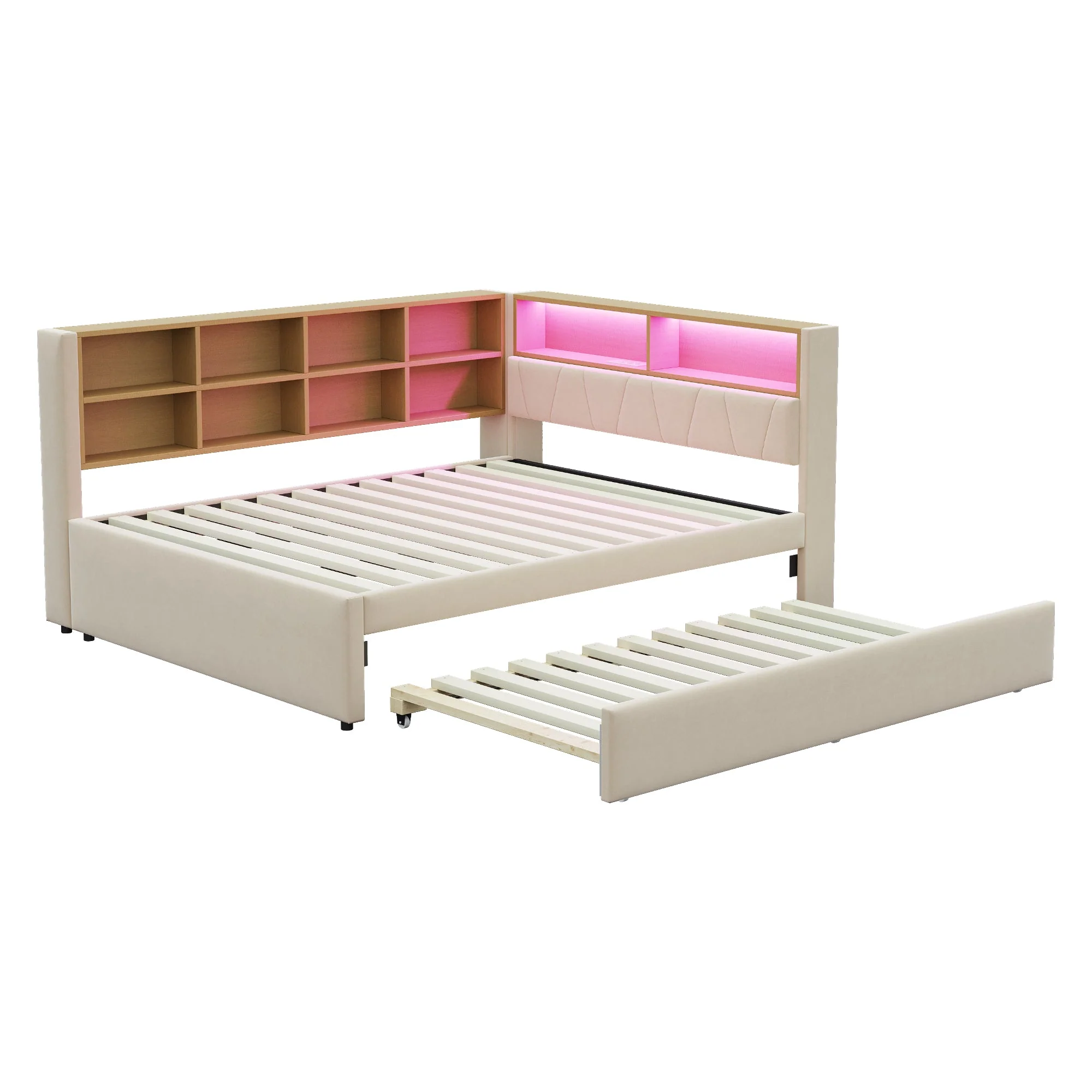 Sofa Bed 140x200, Pull-out 90x190, LED Lights & Storage, Flannel Beige - Image 8